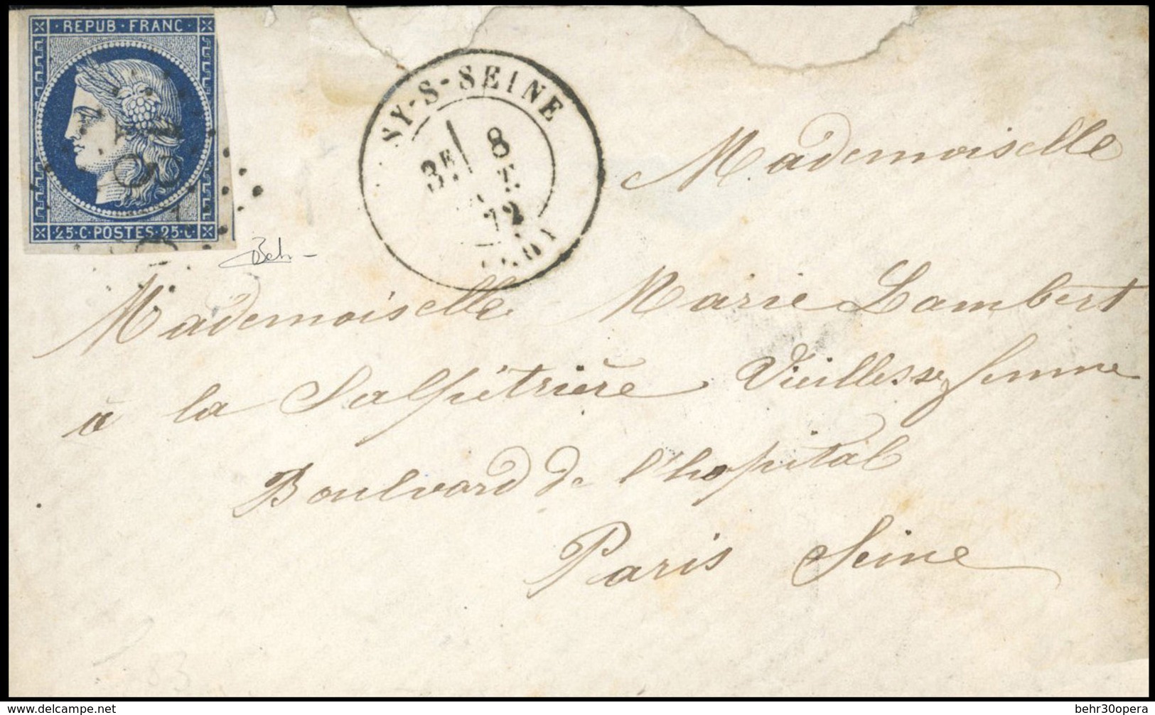 O 25c. Bleu Obl. GROS CHIFFRES 1849 (coté Chez Yvert 14000€) S/lettre Frappée Du CàD De ISSY-SUR-SEINE Du 8 Octobre 1872 - 1849-1850 Ceres