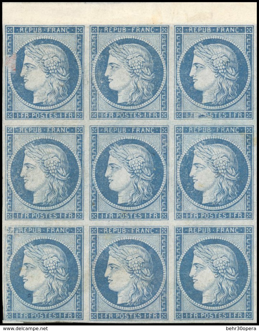 (*) Essai Du 1F. En Bleu. Bloc De 9 Avec Petit Haut De Feuille. SUP. R. - 1849-1850 Cérès