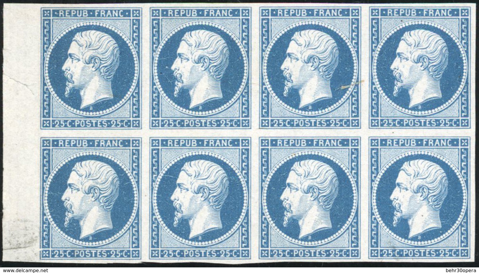 (*) Essai Du 25c. En Bleu S/papier Pelure. Bloc De 8. Petit BdeF. Pièce Superbe. - 1852 Louis-Napoléon