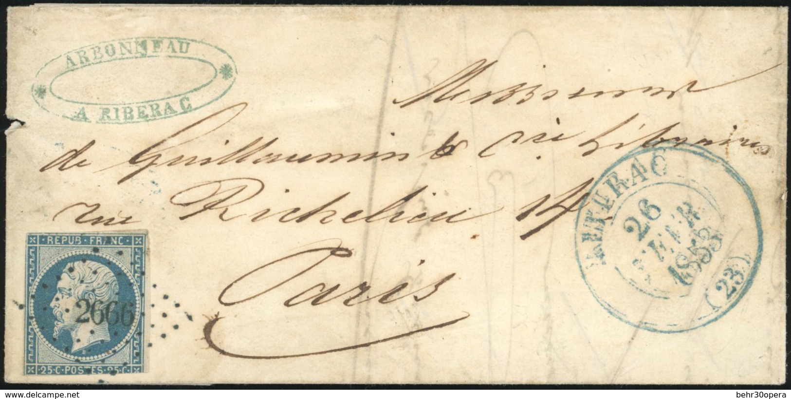 O 25c. Bleu (déf.) Obl. PC 2666 S/lettre Frappée Du Grand Cachet à Date Bleu De RIBERAC Du 26 Février 1853 à Destination - 1852 Louis-Napoléon