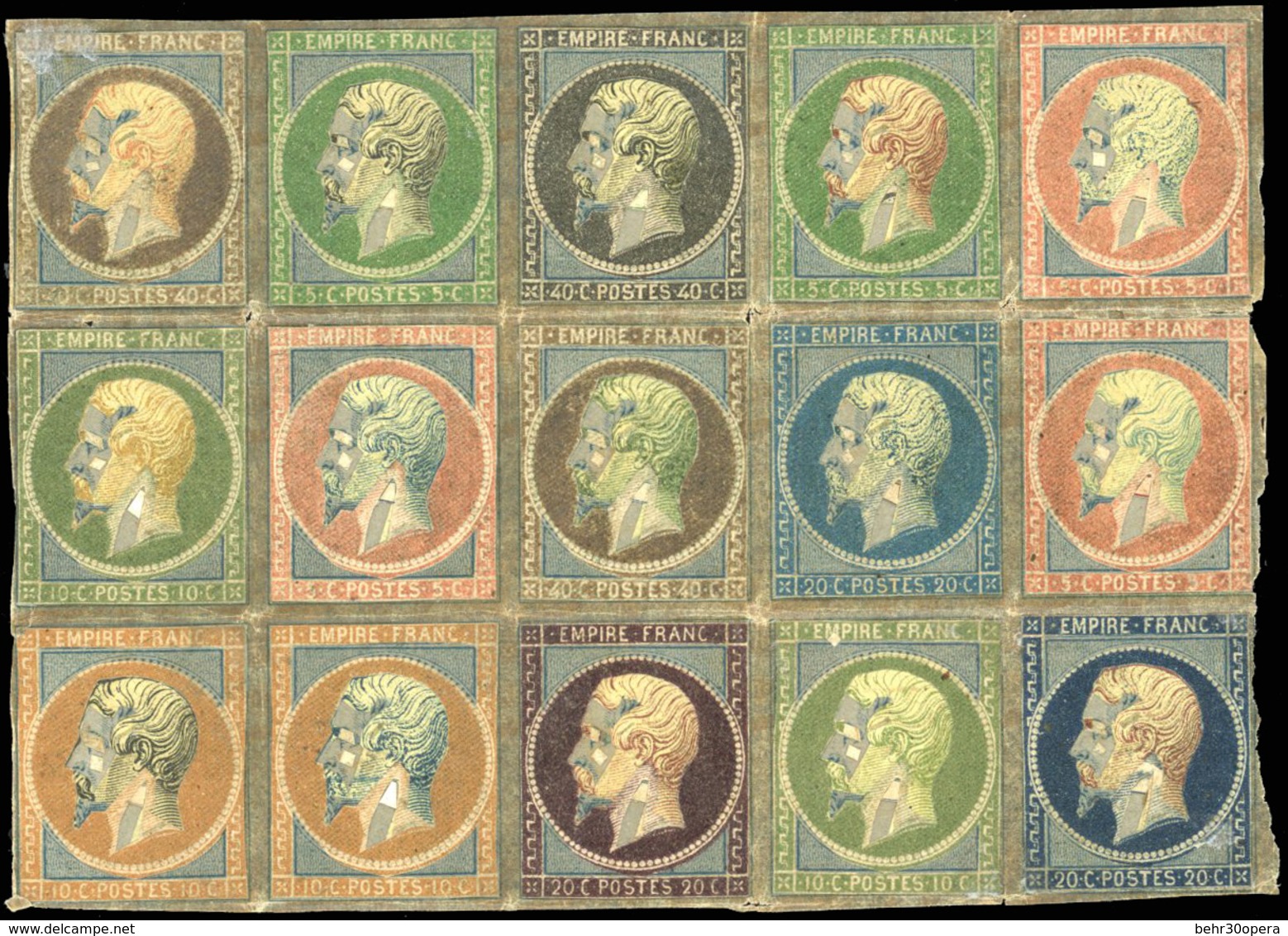 * Essai De Couleur Avec Découpures Par Coussinets D'impression. Bloc De 15 Avec Différentes Couleurs Et Valeurs. SUP. R. - 1853-1860 Napoléon III.