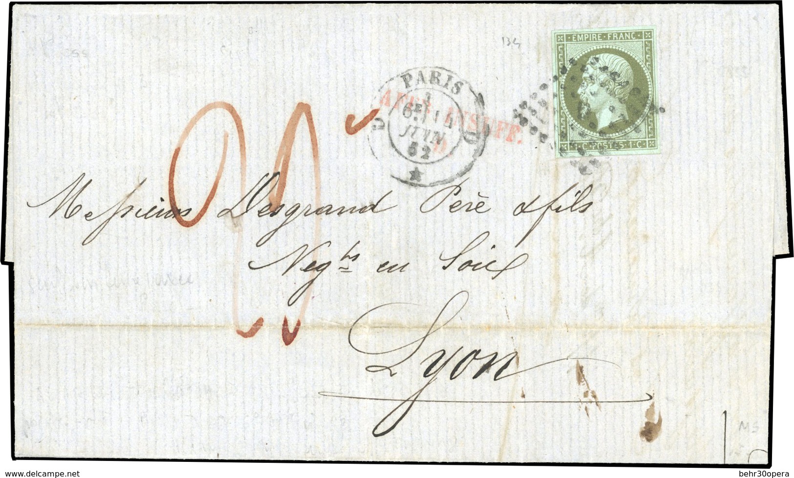 O 1c. Olive Obl. Losange ''D'' S/lettre Frappée Du CàD De PARIS Du 14 Juin 1862 à Destination De LYON. Lettre Taxée à La - 1853-1860 Napoléon III.