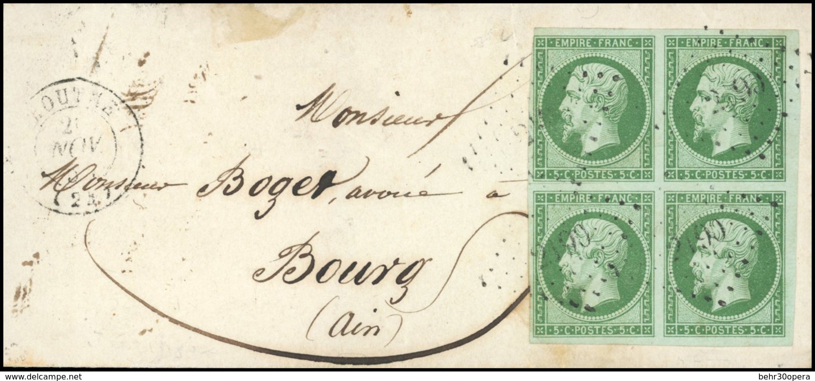 O 5c. Vert S/vert, Tirage De 1855, Bloc De 4, Obl. PC 2190 S/lettre Frappée Du CàD De MOUTHE Du 21 Novembre 1855 à Desti - 1853-1860 Napoleon III