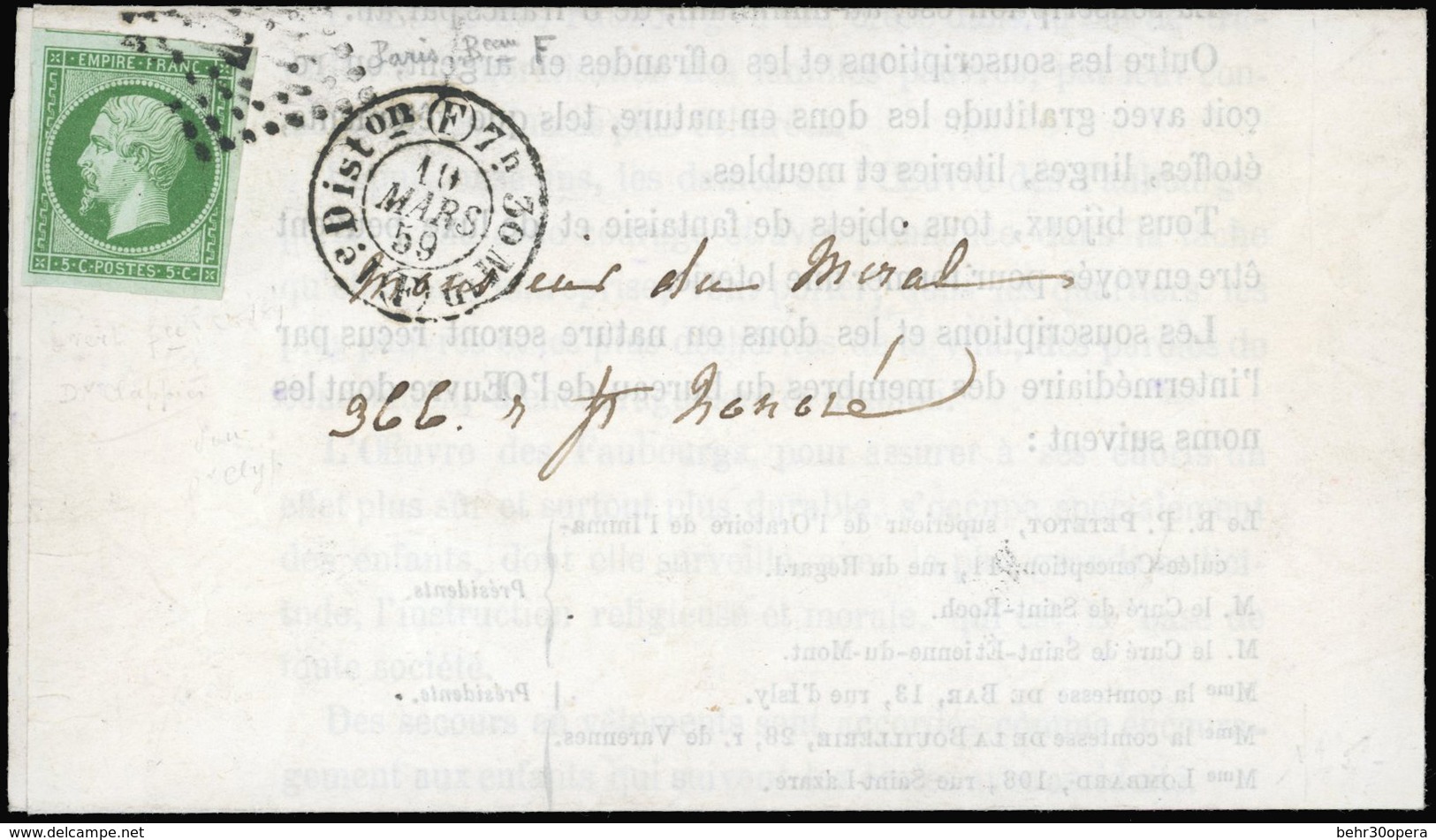 O 5c. Vert Foncé. Obl. Sur Lettre Frappée Du CàD '' 1ere Distribution (F)'' Du 10 Mars 59 à Destination De La Rue St Hon - 1853-1860 Napoléon III.