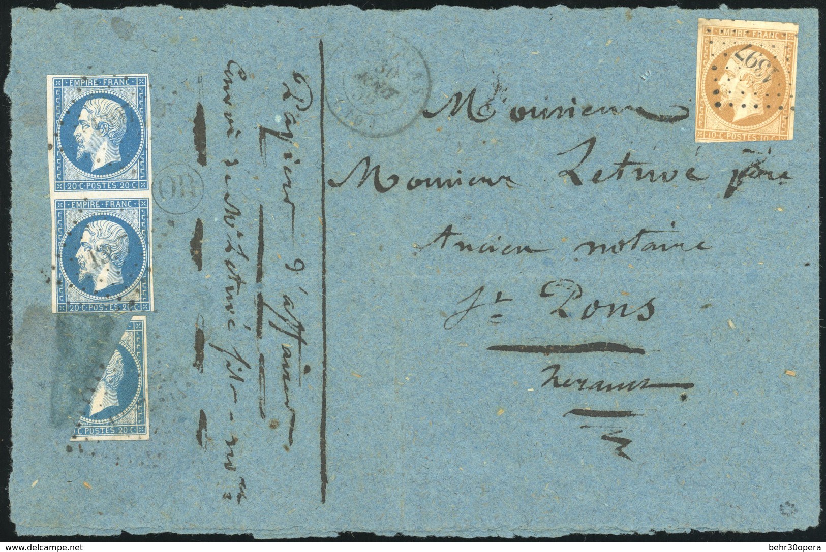 O Paire Verticale Du 20c. Bleu + 1 Moitié De 20c. Coupée En Diagonale Obl. PC 1397 S/papier D'affaire De GINESTAS Du 30  - 1853-1860 Napoleon III