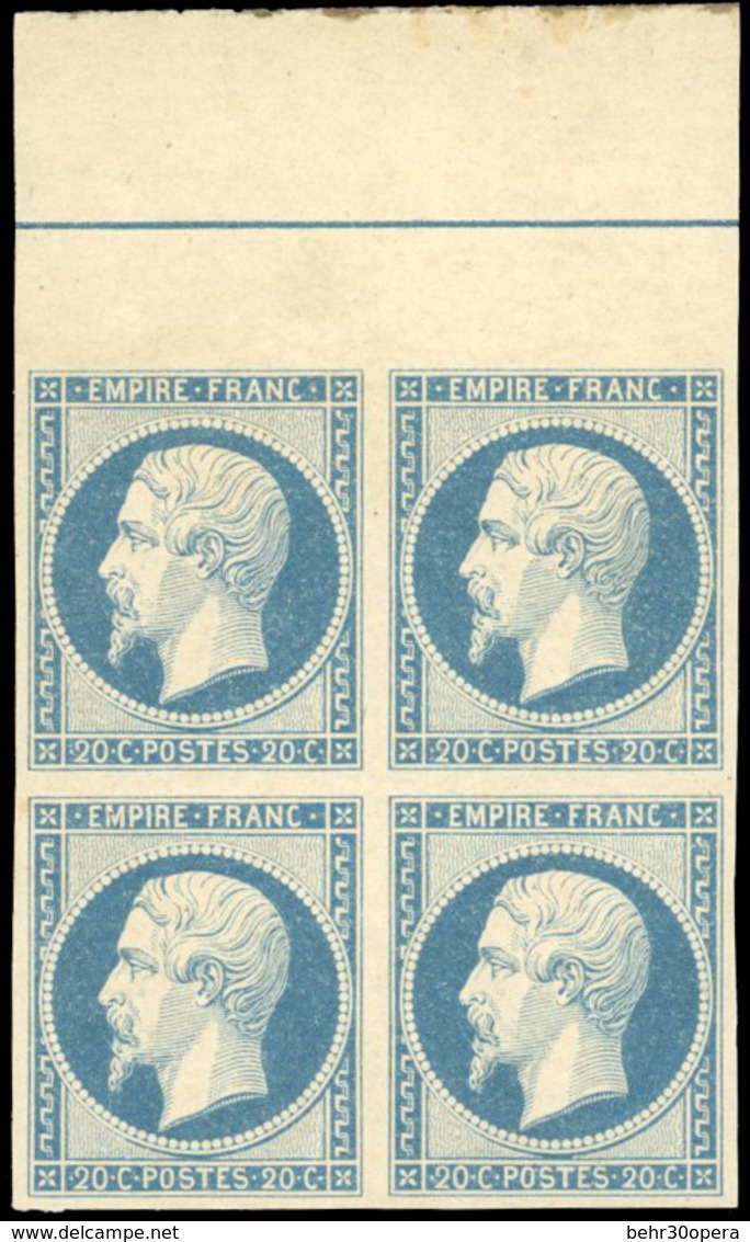 ** 20c. Bleu Laiteux. Bloc De 4 Avec BdeF Et Filet D'encadrement. Fraîcheur Postale. RR. SUP. - 1853-1860 Napoléon III.