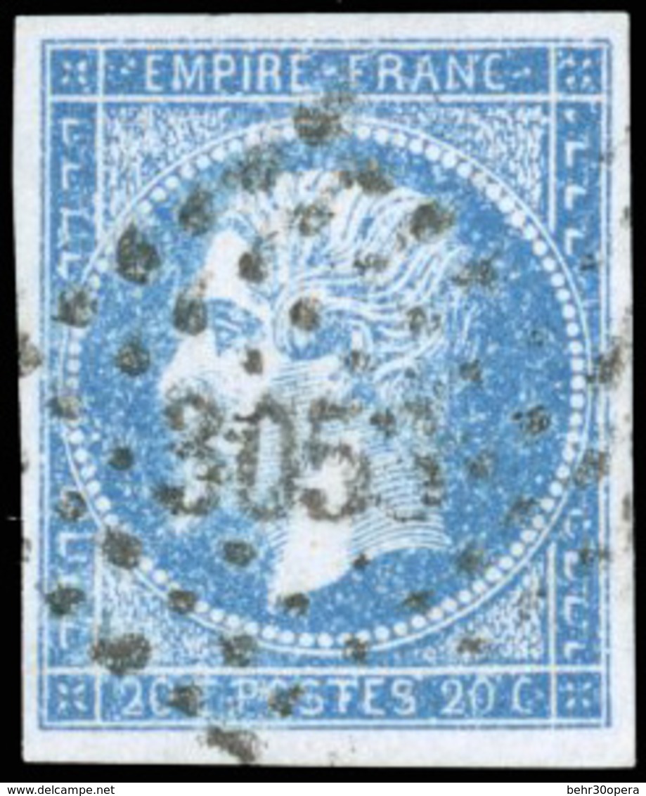 O 20c. Bleu. Neige Sur Le Timbre (pointillé Blanc). B. - 1853-1860 Napoleon III