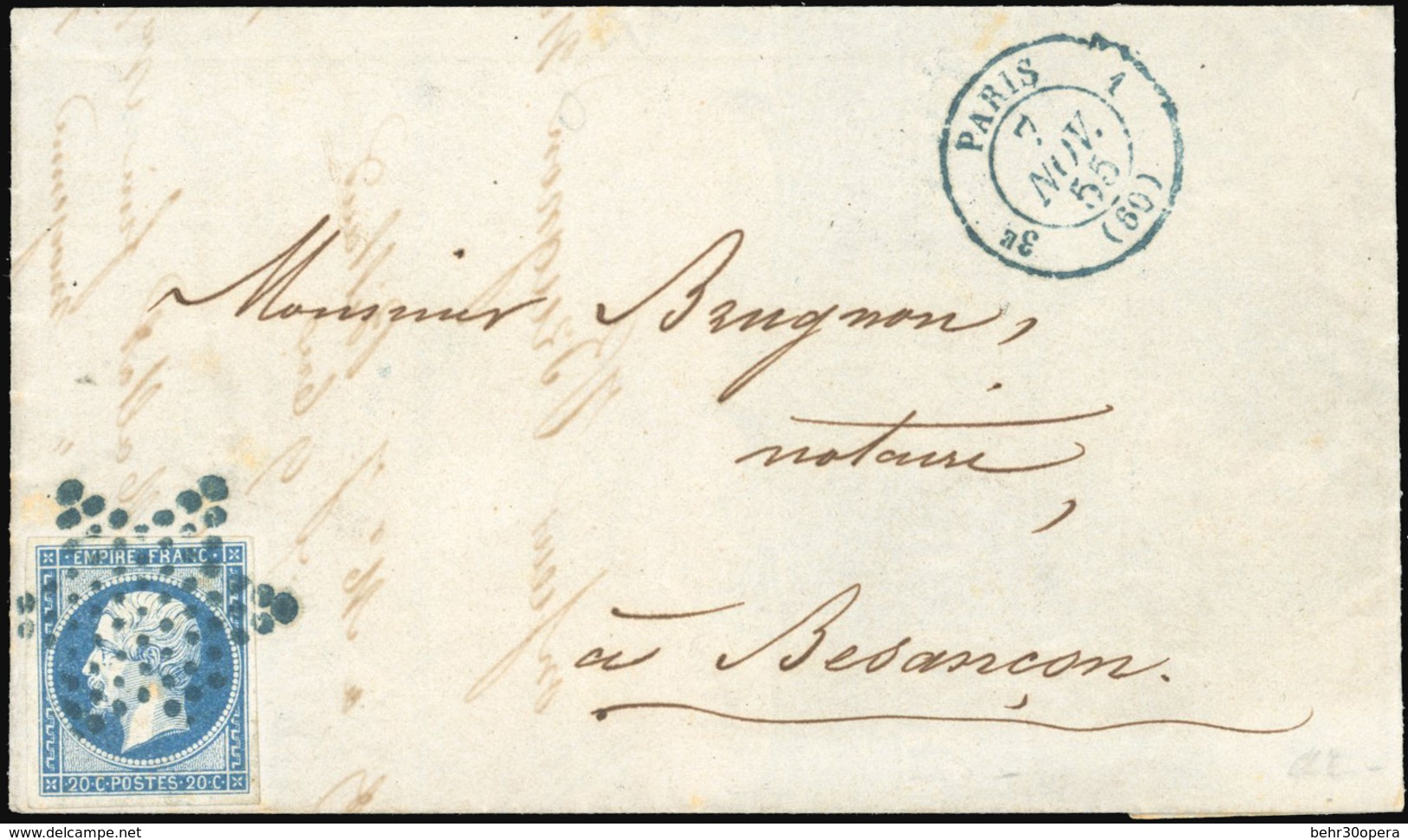 O 20c. Obl. étoile Bleue S/lettre Frappée Du CàD De PARIS 1 Du 7 Novembre 1855 En Bleu, à Destination De BESANCON. SUP.  - 1853-1860 Napoleon III