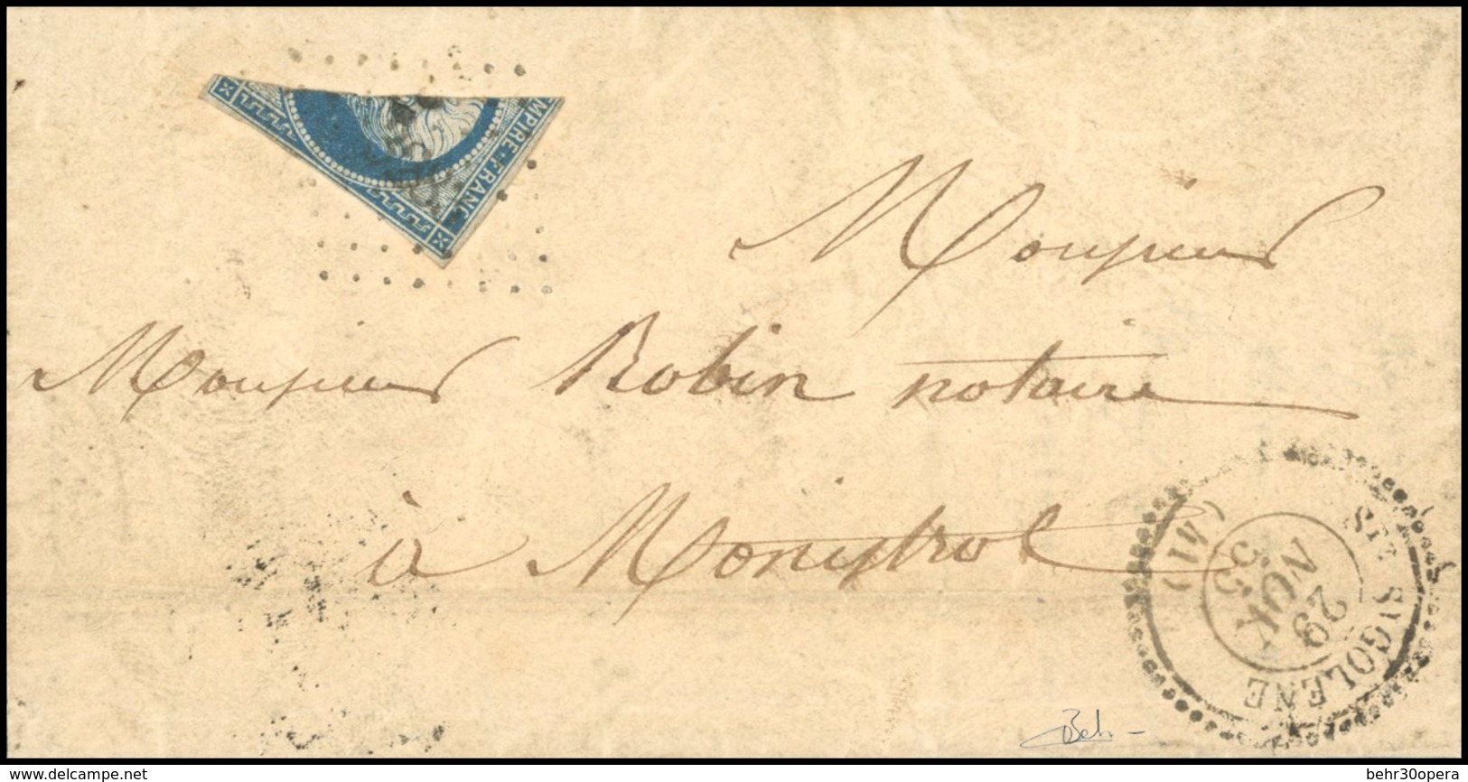 O Coupé Diagonal Du 20c. Bleu Obl. PC 3283 S/lettre Frappée Du Cachet Perlé Type 22 De STE SIGOLENE Du 29 Novembre 1855  - 1853-1860 Napoléon III.