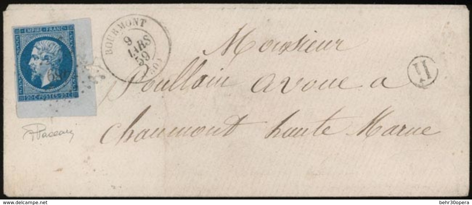 O 20c. Bleu ND, Coin De Feuille Obl. PC 489 S/lettre Frappée Du CàD De BOURMONT 9 Mars 1859 + Cachet De Facteur ''H'' à  - 1853-1860 Napoleon III