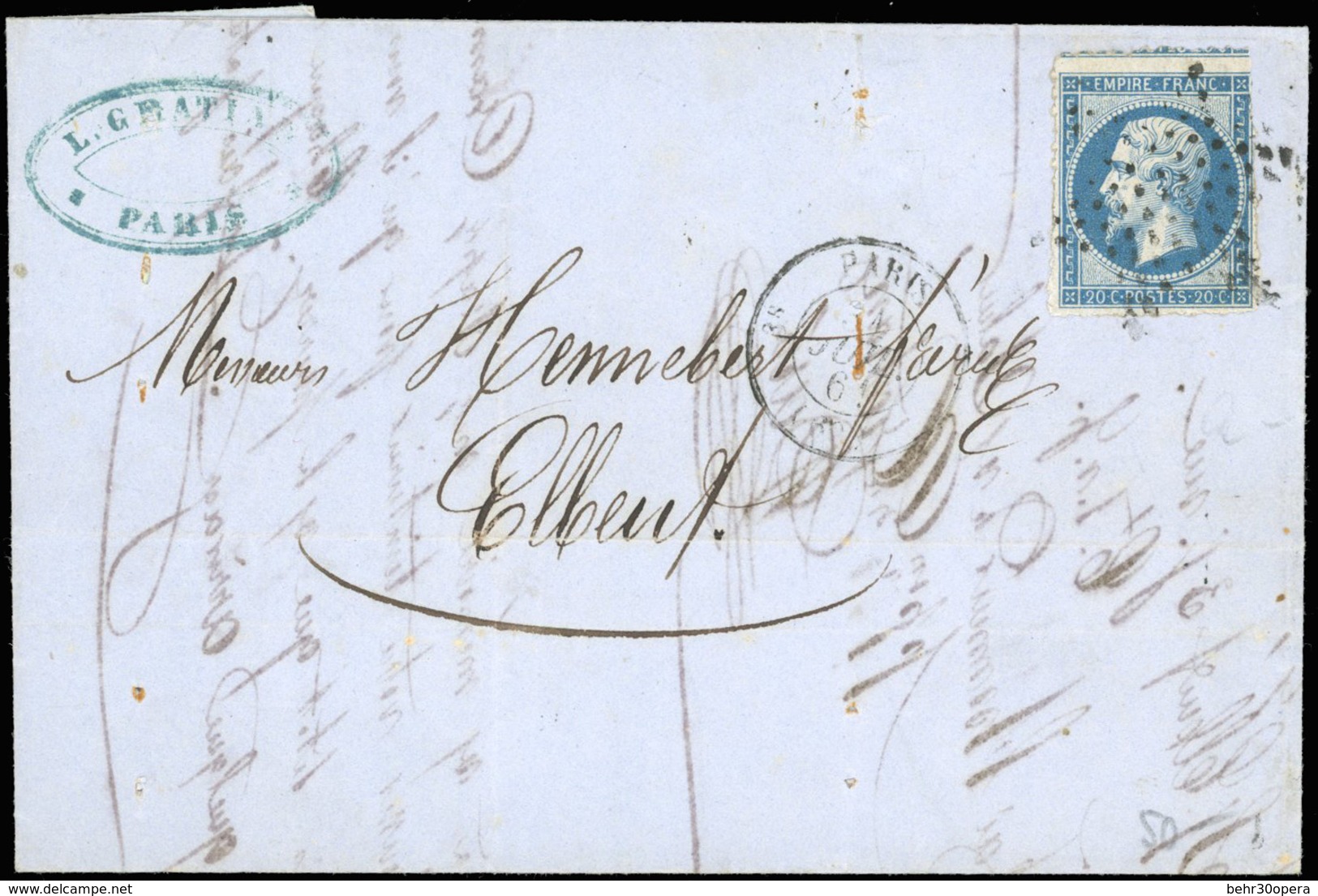 O 20c. Bleu, Percé En Ligne, Avec Amorce D'un Voisin, Obl. étoile S/lettre Frappée Du CàD De PARIS (60) Du 31 Juillet 18 - 1853-1860 Napoleon III