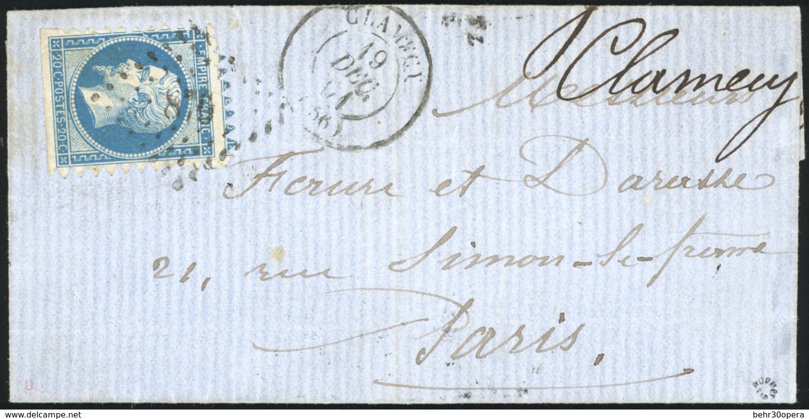 O 20c. Bleu, Type II, Avec Amorce D'un Voisin, Piquage Prédécoupé De Clamecy Sur 3 Côtés, Obl. PC 876 S/lettre Frappée D - 1853-1860 Napoléon III.