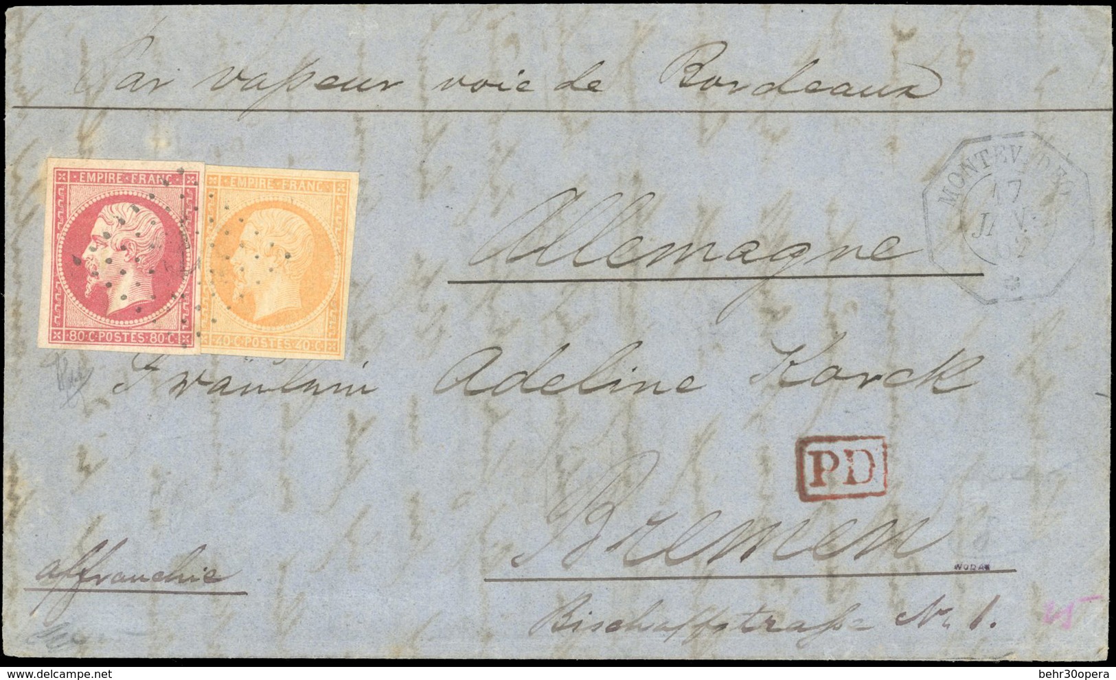 O 40c. Orange + 80c. Rose Obl. Ancre S/lettre Frappée Du CàD De MONTEVIDEO Du 17 Janvier 1862 à Destination De BREME - A - 1853-1860 Napoleon III