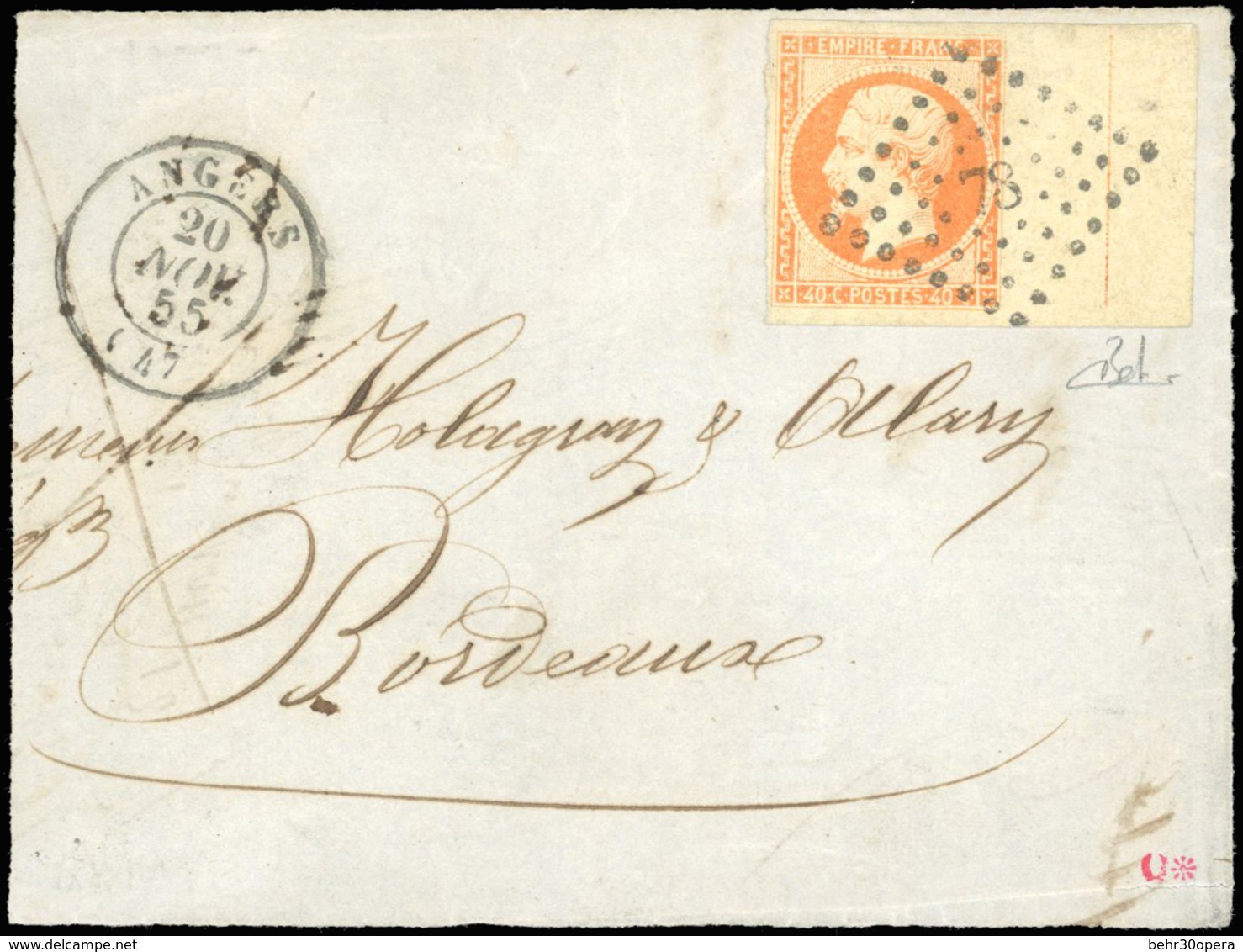 O 40c. Jaune-orange, Avec Ligne D'encadrement Sur Le BdeF Droit Obl. Losange PC 78 S/devant De Lettre Frappée Du CàD D'A - 1853-1860 Napoleon III