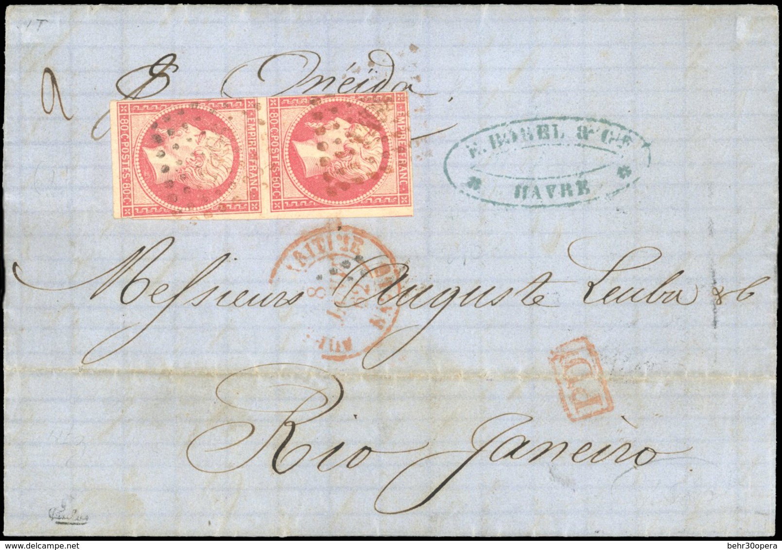 O 80c. Carmin, Paire Verticale (1 Timbre Touché) Obl. PC Rouge 1495 S/lettre Frappée Du CàD Rouge Du HAVRE Du 8 Janvier  - 1853-1860 Napoléon III.