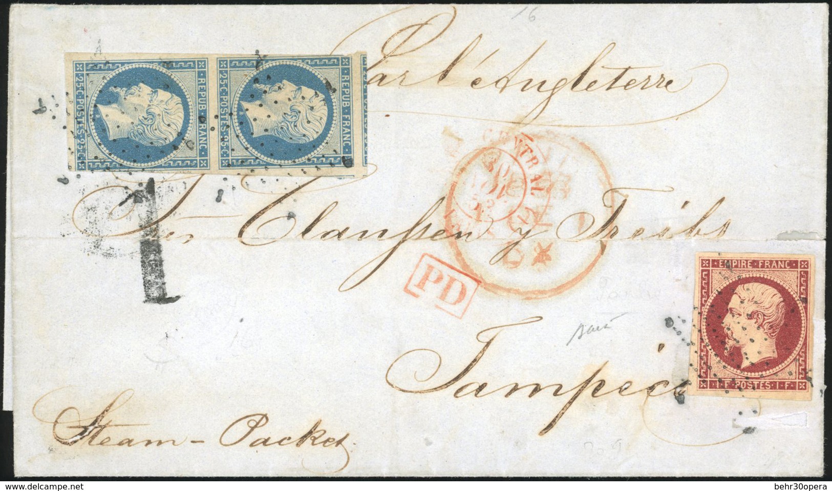 O 1F. Carmin (décollé Pour Expertise) + Paire Du 25c. Bleu Obl. étoile S/lettre Frappée Du CàD Rouge BUREAU CENTRAL - PA - 1853-1860 Napoléon III.