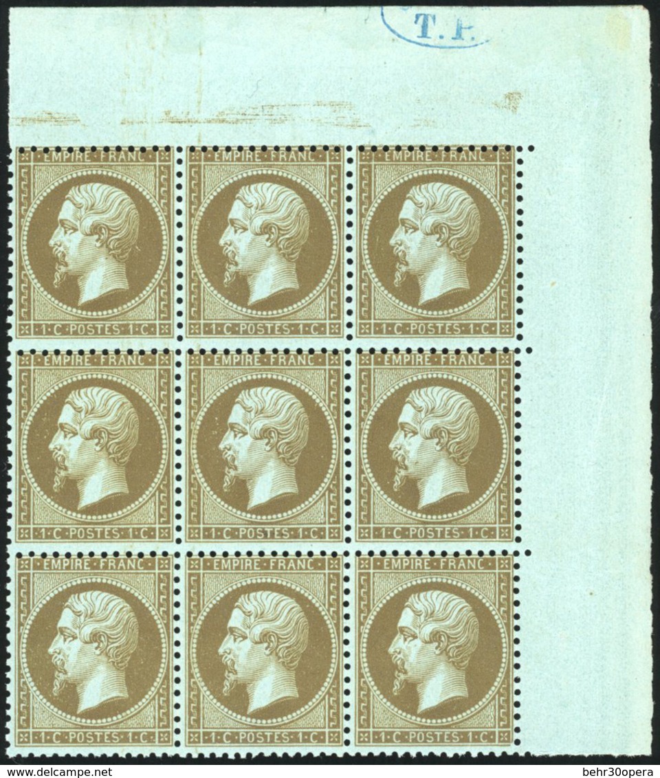 ** 1c. Mordoré. Bloc De 9 Avec Cachet De ''Contrôle TP'' Dans Le Bord De Feuille. Fraîcheur Postale. SUP. RR. - 1862 Napoléon III.