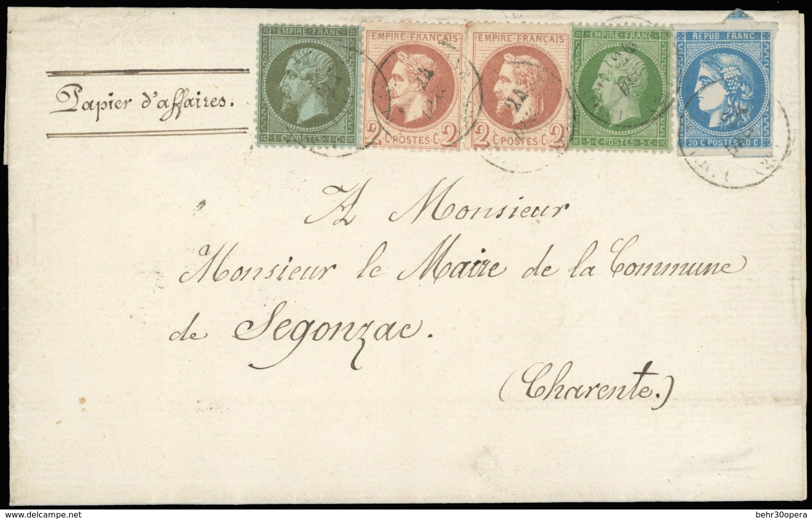 O + 46. 1c. Olive + 5c. Vert + 2c. Brun-rouge X 2 + 20c. Bleu Obl. S/Papier D'affaires à Destination De SEGONZAC - CHARE - 1862 Napoléon III.