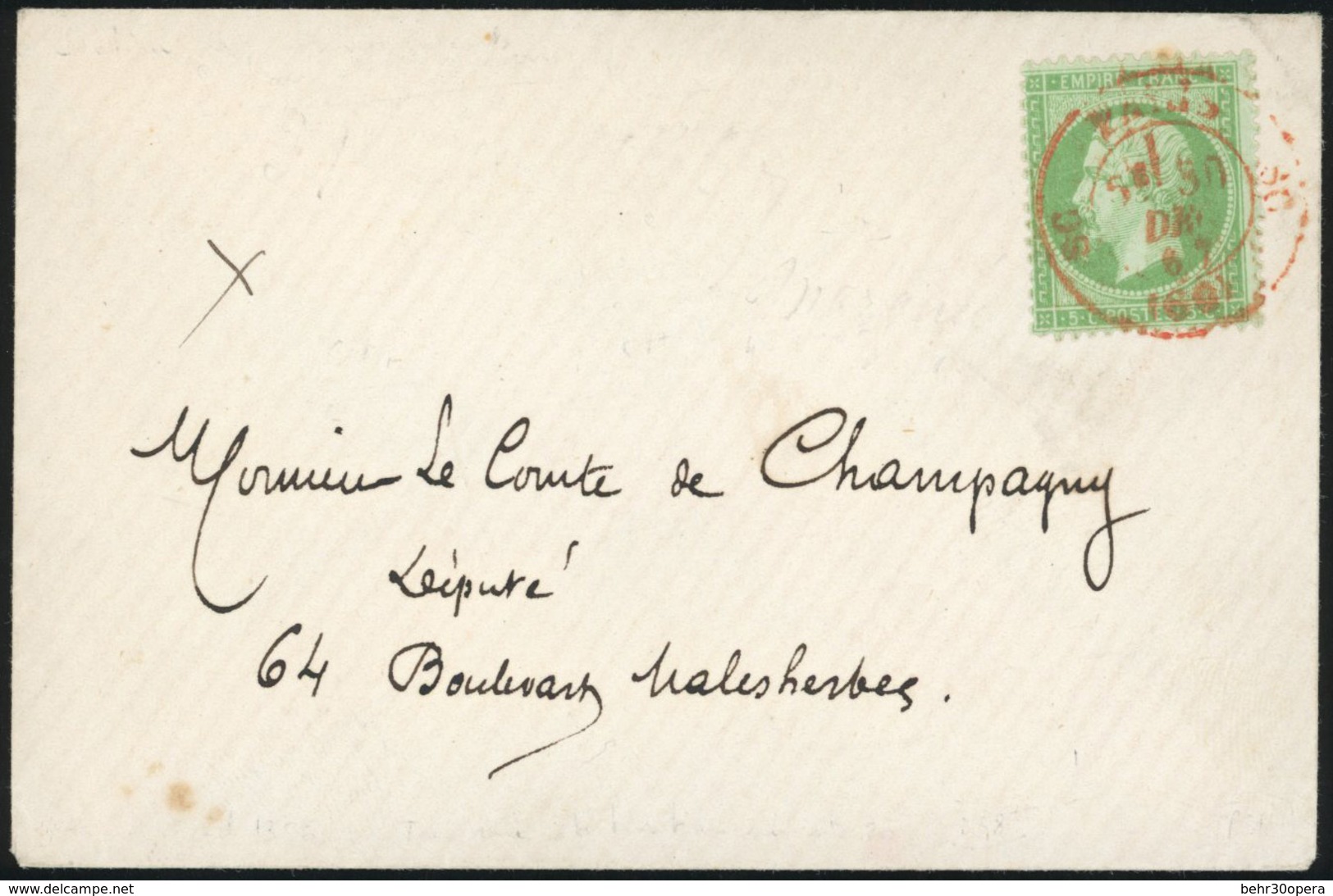 O 5c. Vert Obl. S/lettre Locale Frappée Du CàD Rouge De PARIS SC (60) Du 30 Décembre 1867.Usage Rarissime De Ce Cachet S - 1862 Napoléon III.