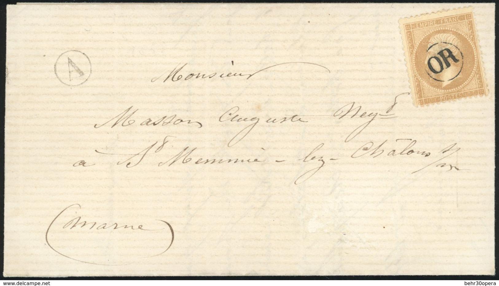 O 10c. Bistre Obl. Cachet Rond Encadré ''OR'' S/lettre Portant également Le Cachet Rond Du Bureau Rural ''A'' (ST-JEAN S - 1862 Napoléon III.