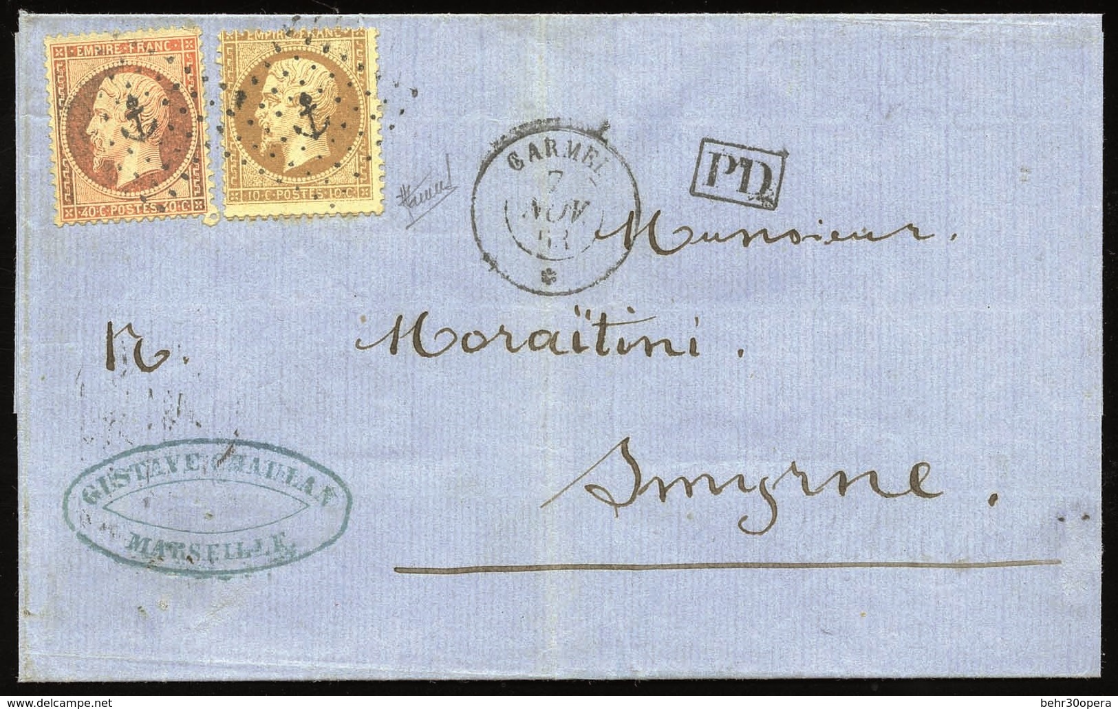 O 10c. + 40c. EMPIRE DENTELE. Obl Ancre. Sur Lettre En Provenance De MARSEILLE Frappée Du CàD CARMEL 7 Novembre 63 à Des - 1862 Napoléon III.