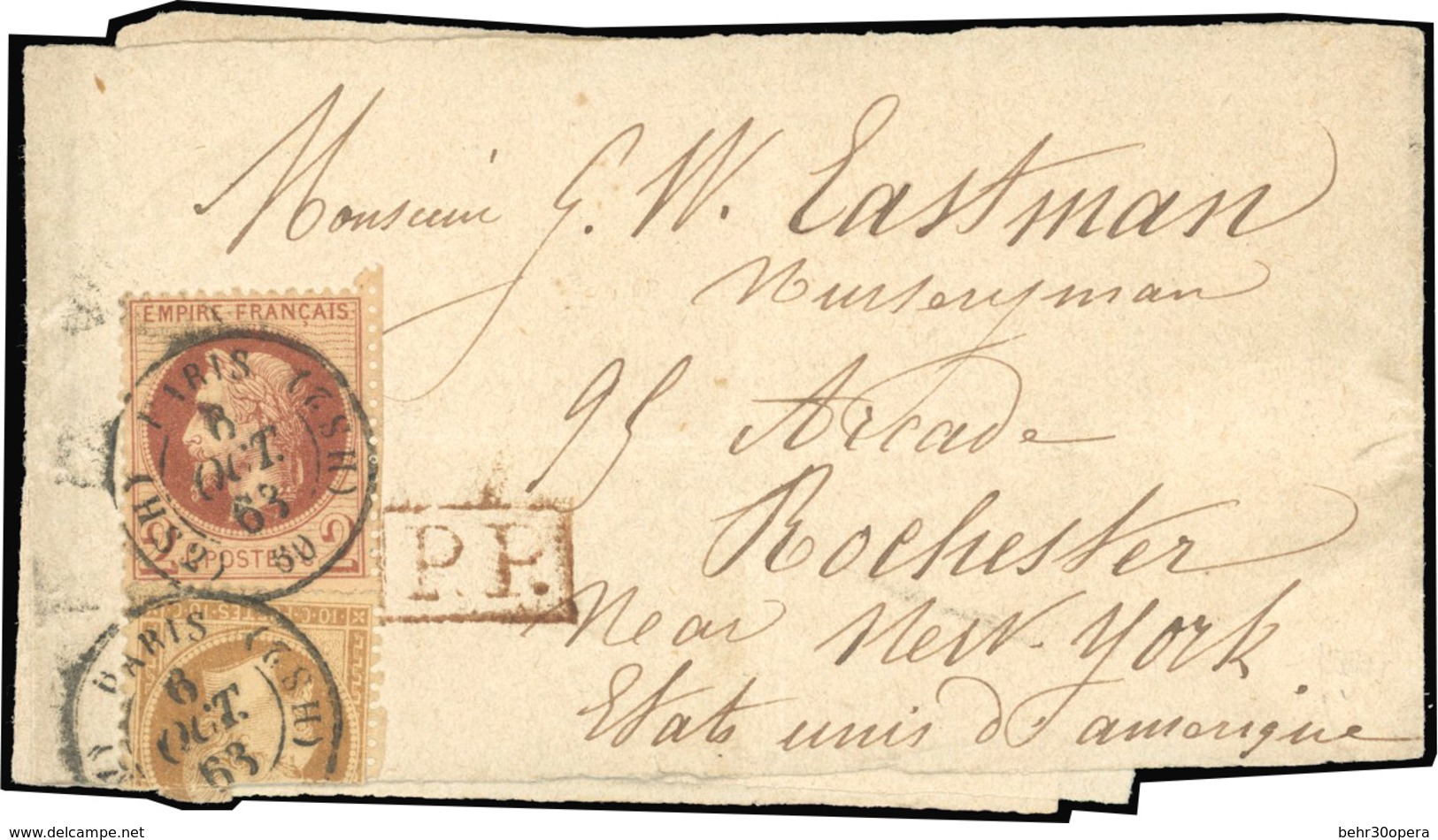O 10c. Bistre + 2c. Rouge Brun. Obl. Sur Lettre Frappée Du CàD De PARIS - HS2 Du 6 Octobre 1863 à Destination De ROCHEST - 1862 Napoléon III.