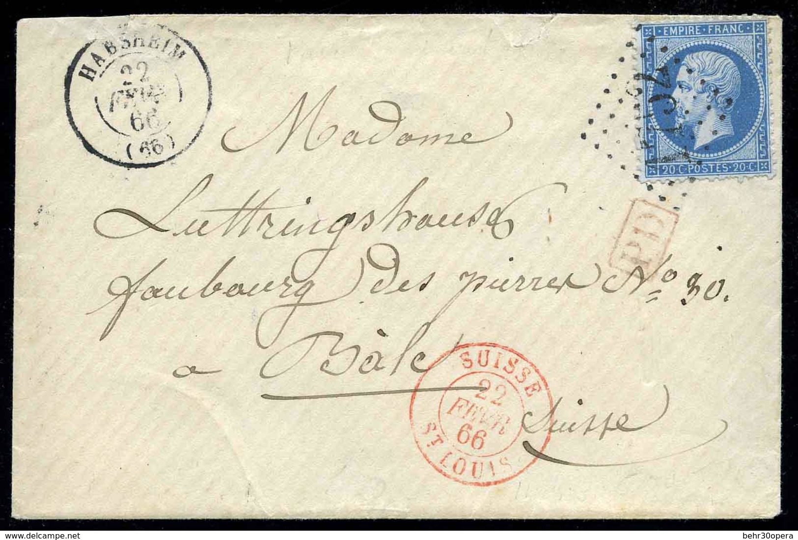 O 20c. Empire Dentelé, Obl. GC 1752 S/lettre Frappée Du CàD D'HABSHEIM Du 22 Février 1866 à Destination De BALE. Cachet  - 1862 Napoléon III.