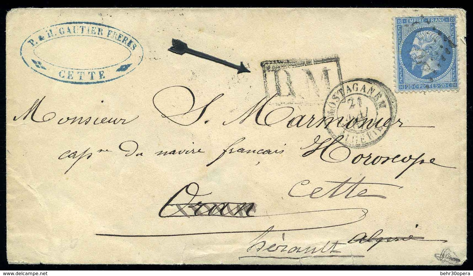 O 20c. Sur Lettre Obl De MOSTAGANEM, Marque B.M. Encadré. TB - 1862 Napoléon III.