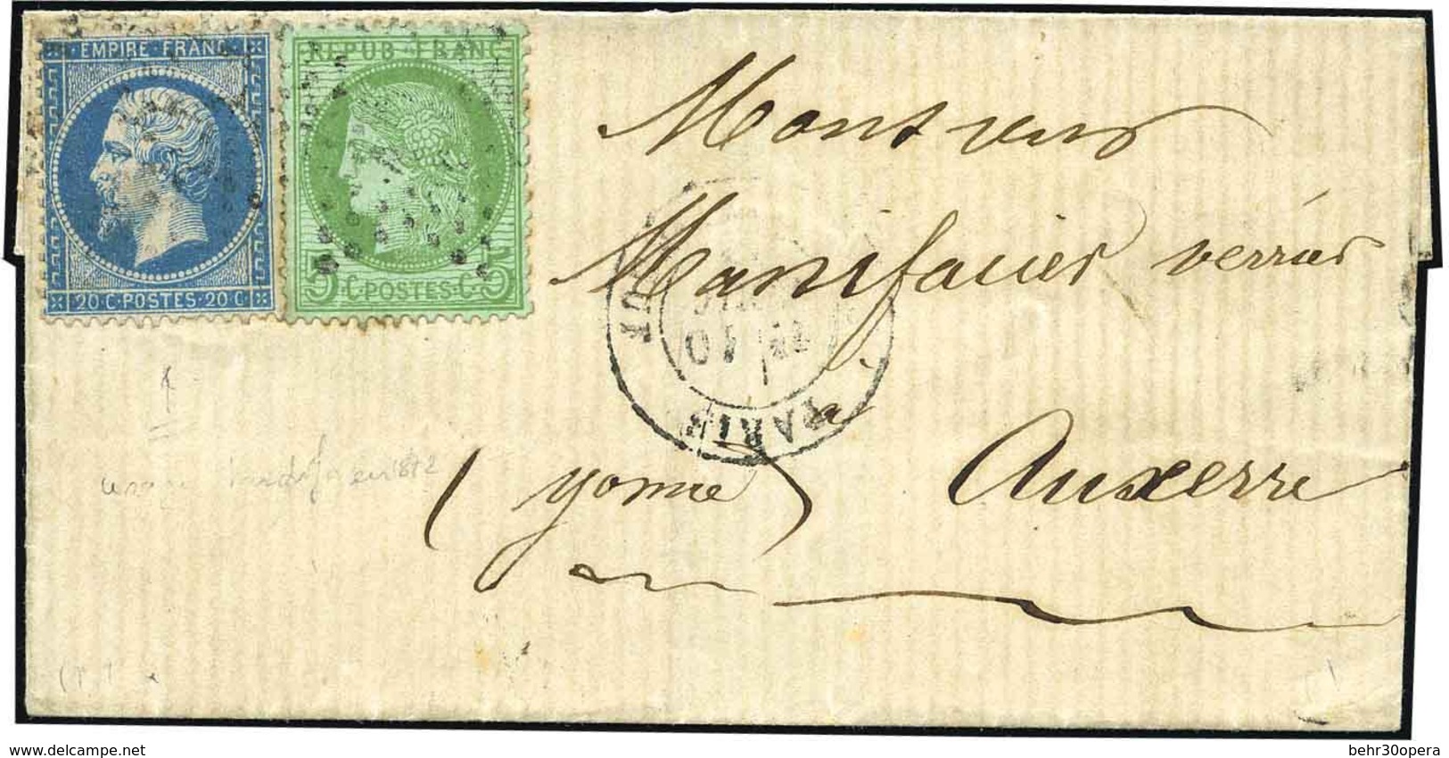 O 20c. Empire Dentelé + 5c. Cérès Obl. étoile S/lettre Frappée Du CàD De PARIS Du 10 Août 1872 à Destination D'AUXERRE.  - 1862 Napoleon III
