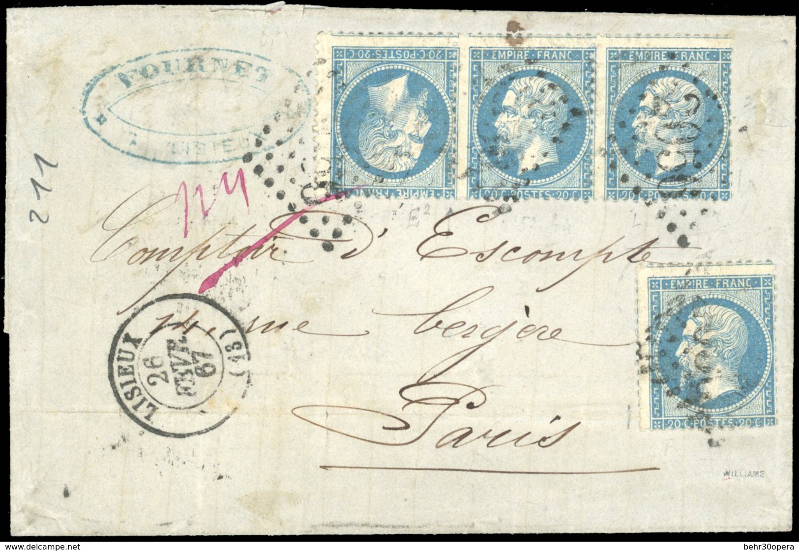 O 20c. Bleu. Bande De 3 (décentrée) Avec Tête-Bêche Obl. GC 2056 + Une Unité Sur Lettre Frappée Du CàD De LISIEUX Du 26  - 1862 Napoléon III.