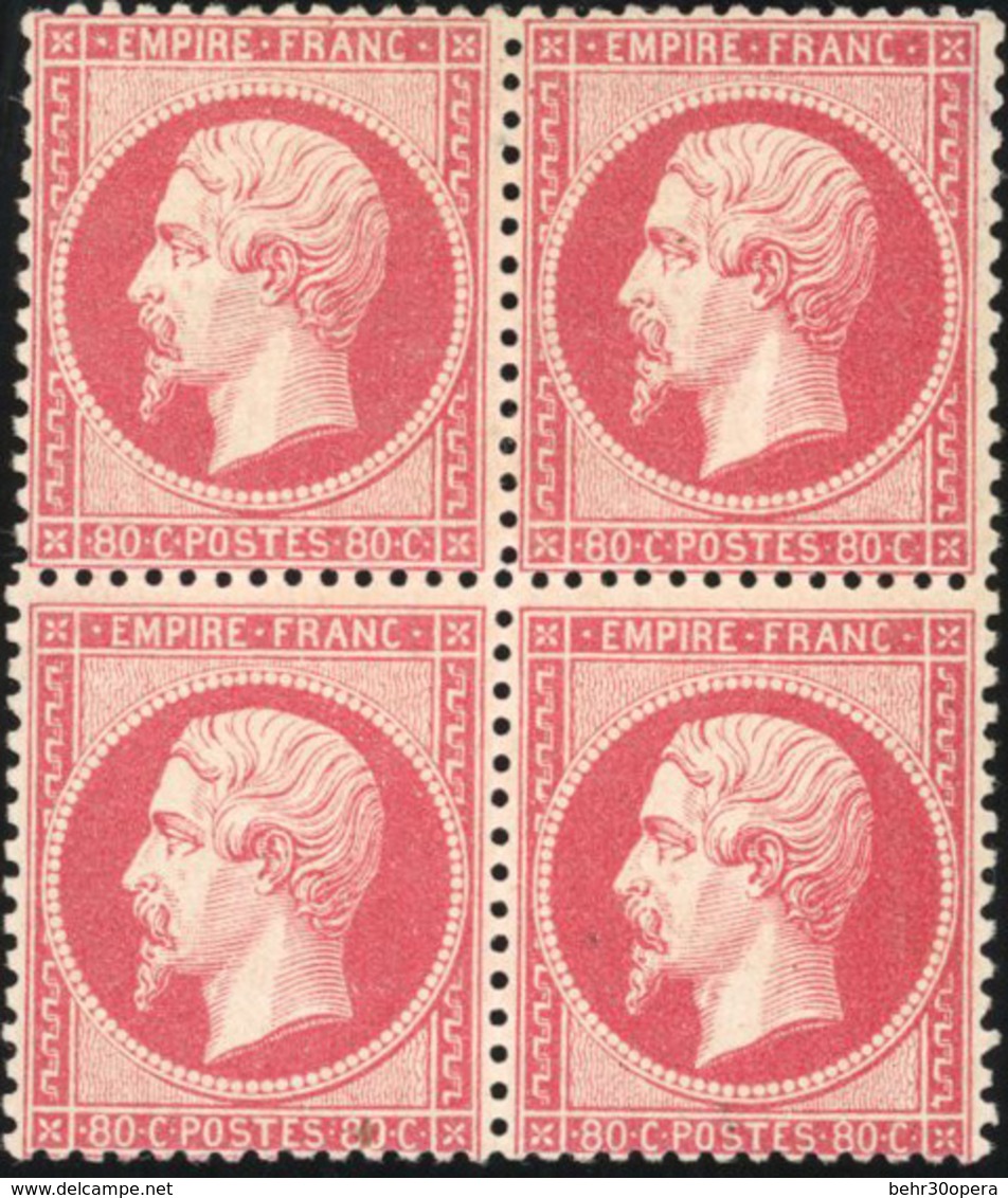 * 80c. Rose. Bloc De 4. Paire Inférieure **. Centrage Correct Pour Ce Timbre Habituellement Décentré. Petites Tâches. TB - 1862 Napoleon III