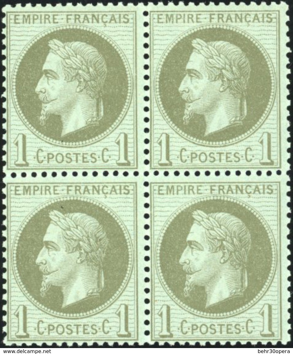 ** 1c. Olive. Bloc De 4. Très Belle Nuance. SUP. - 1863-1870 Napoleon III Gelauwerd