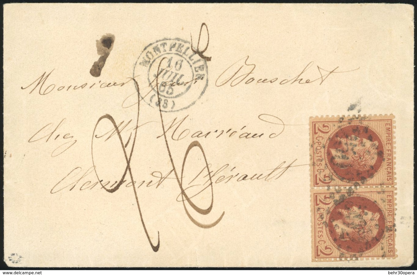 O Paire Du 2c. Rouge-brun Obl. GC 2502 S/lettre Frappée Du CàD De MONTPELLIER Du 16 Juillet 1865 à Destination De CLERMO - 1863-1870 Napoleon III Gelauwerd