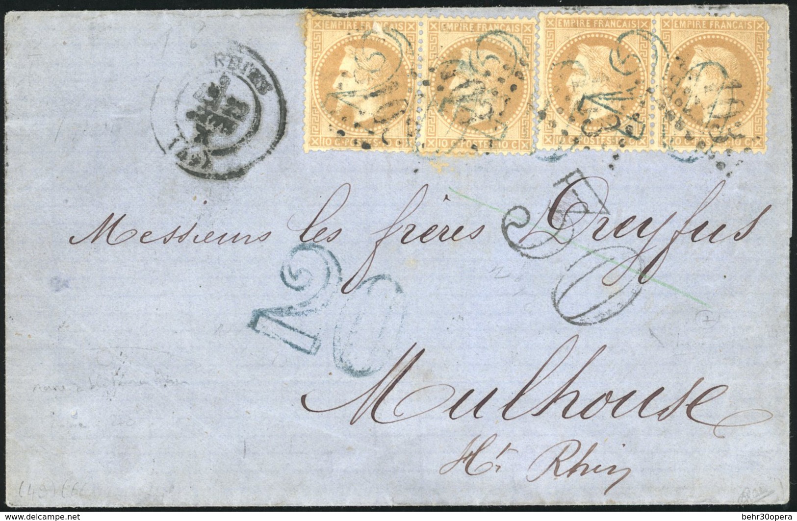 O 2 Paires Du 10c. Bistre Type II Obl. GC 103 S/lettre Frappée Du CàD De REIMS Du 22 Juin 1871 à Destination De MULHOUSE - 1863-1870 Napoléon III. Laure
