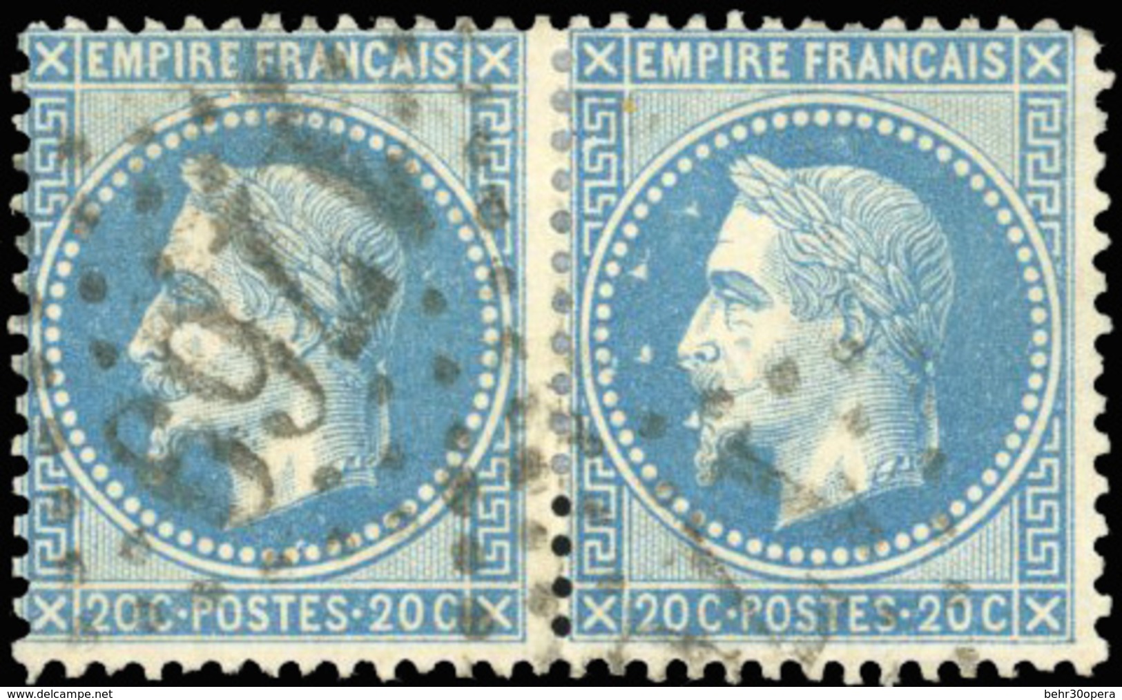 O Paire Du 20c. Bleu. Variété Aux Abeilles Tenant à Normal. Obl. Légère Dégageant L'effigie Avec Variété. TB. - 1863-1870 Napoléon III. Laure