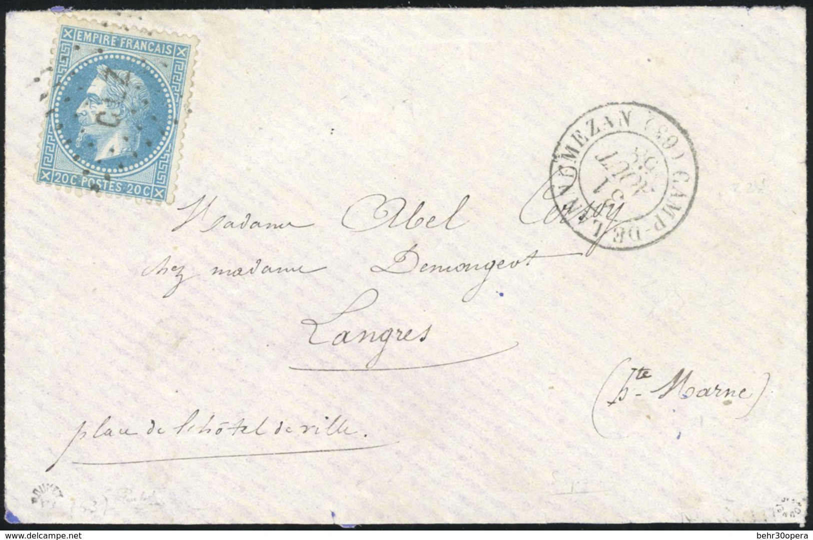 O 20c. Bleu Obl. LOSANGE ''CLZ'' S/lettre Frappée Du CàD De CAMP-DE-LANNEMEZAN Du 31 Août 1868 à Destination De LANGRES. - 1863-1870 Napoléon III. Laure