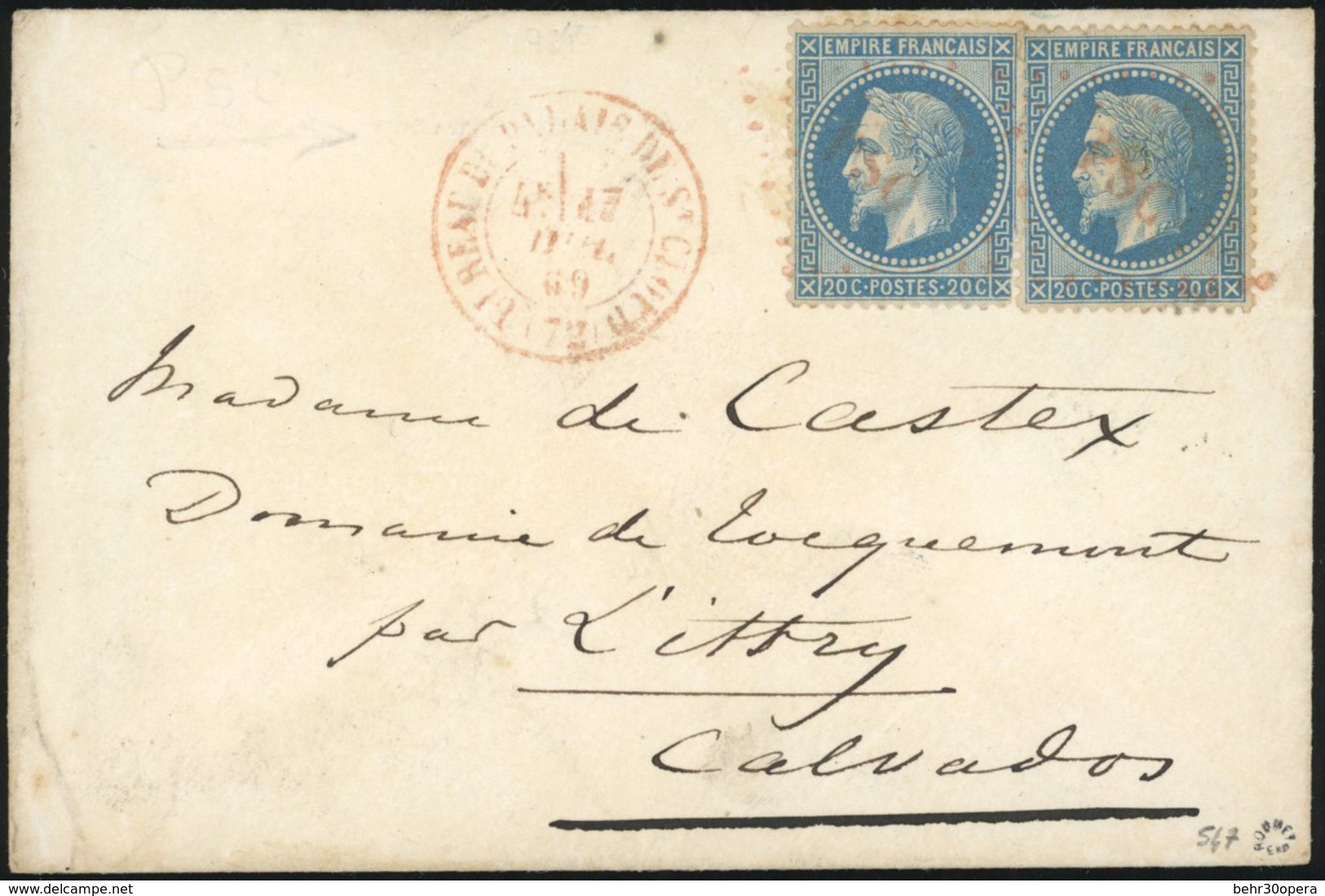 O 20c. Bleu X 2 (1 Avec Déf.) Obl. Losange Rouge ''PSC'' S/lettre Frappée Du CàD Rouge BUREAU DU PALAIS DE ST-CLOUD Du 1 - 1863-1870 Napoleon III Gelauwerd