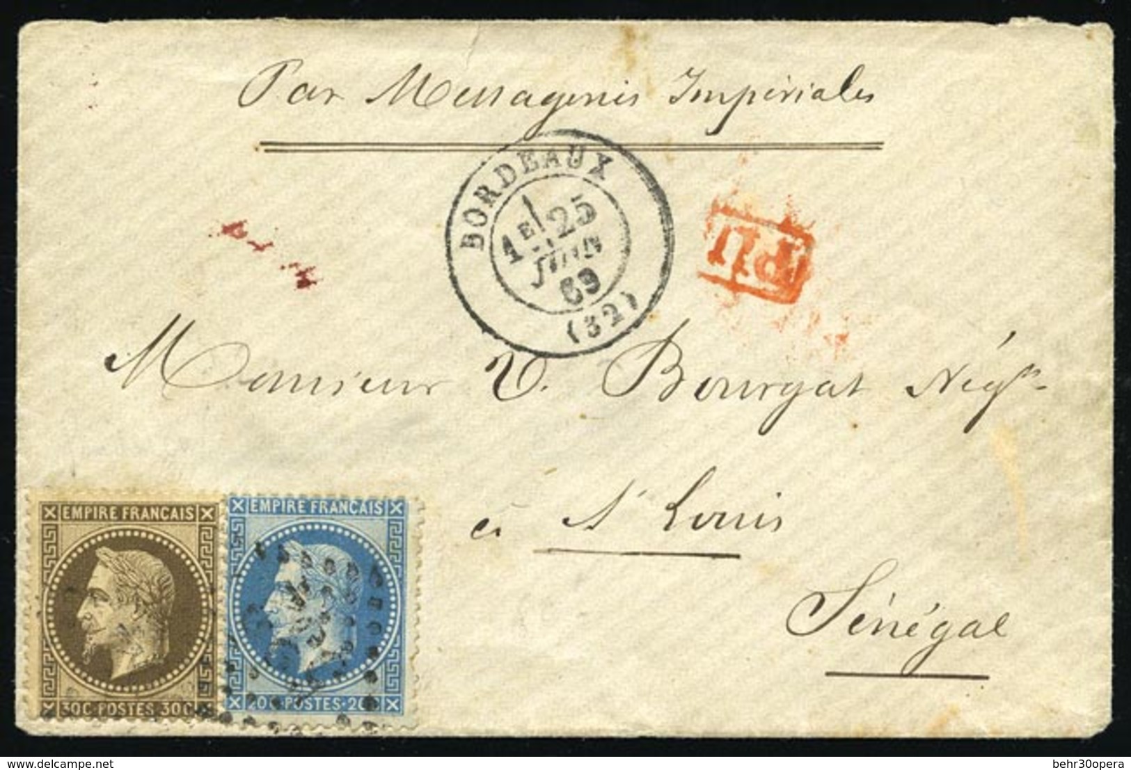 O 20c. Bleu + 30c. Brun Obl. S/lettre Frappée Du CàD De BORDEAUX Du 25 Juin 1869 à Destination De ST LOUIS - SENEGAL. De - 1863-1870 Napoléon III. Laure