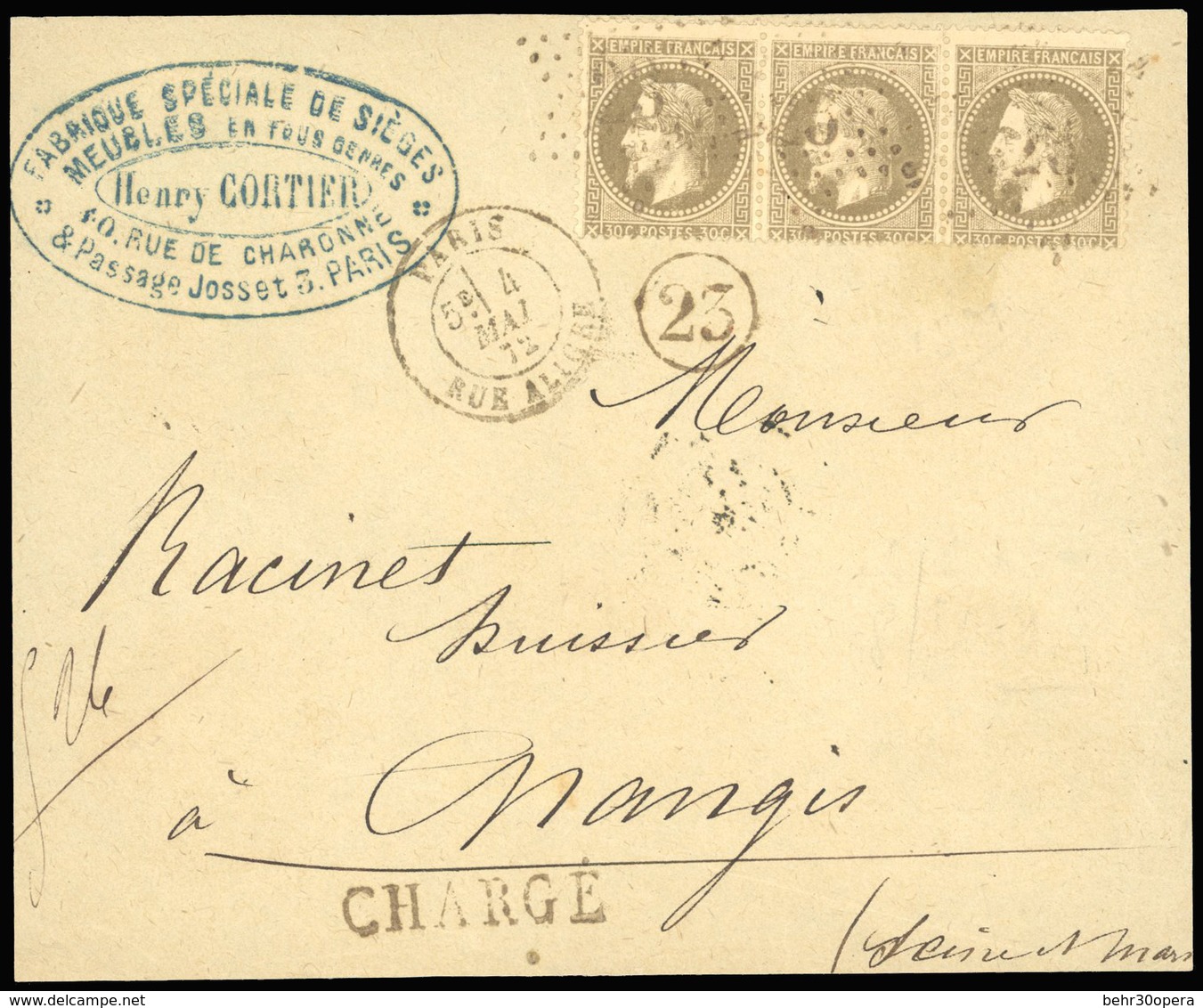 O 30c. Bande De 3 Obl. GC 23 S/devant De Lettre Chargée Frappée Du CàD De PARIS - RUE ALIGRE Du 4 Mai 1872 à Destination - 1863-1870 Napoléon III. Laure