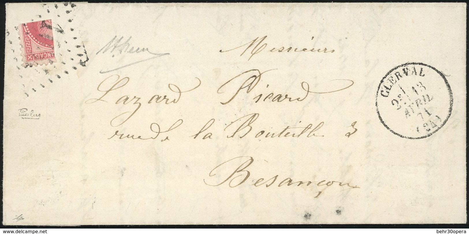 O 1/4 Du 80c. Rose Obl. S/lettre Frappée Du CàD De CLERVAL Du 13 Avril 1871 à Destination De BESANCON. Cette Lettre Prov - 1863-1870 Napoléon III. Laure