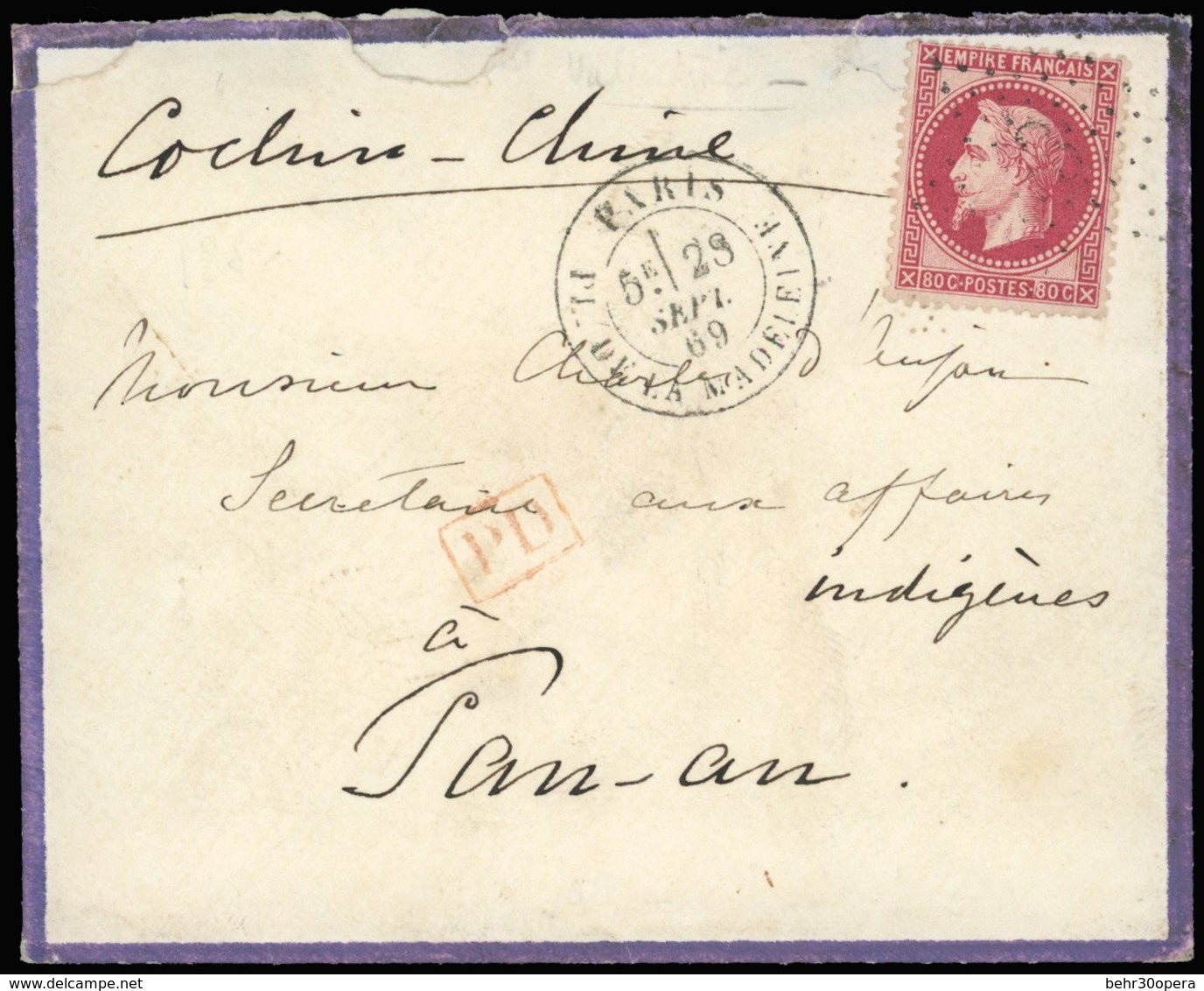 O 80c. Rose Obl. étoile 3 S/lettre Frappée Du CàD De PARIS - PL. DE LA MADELEINE Du 28 Septembre 1869 à Destination De P - 1863-1870 Napoléon III. Laure
