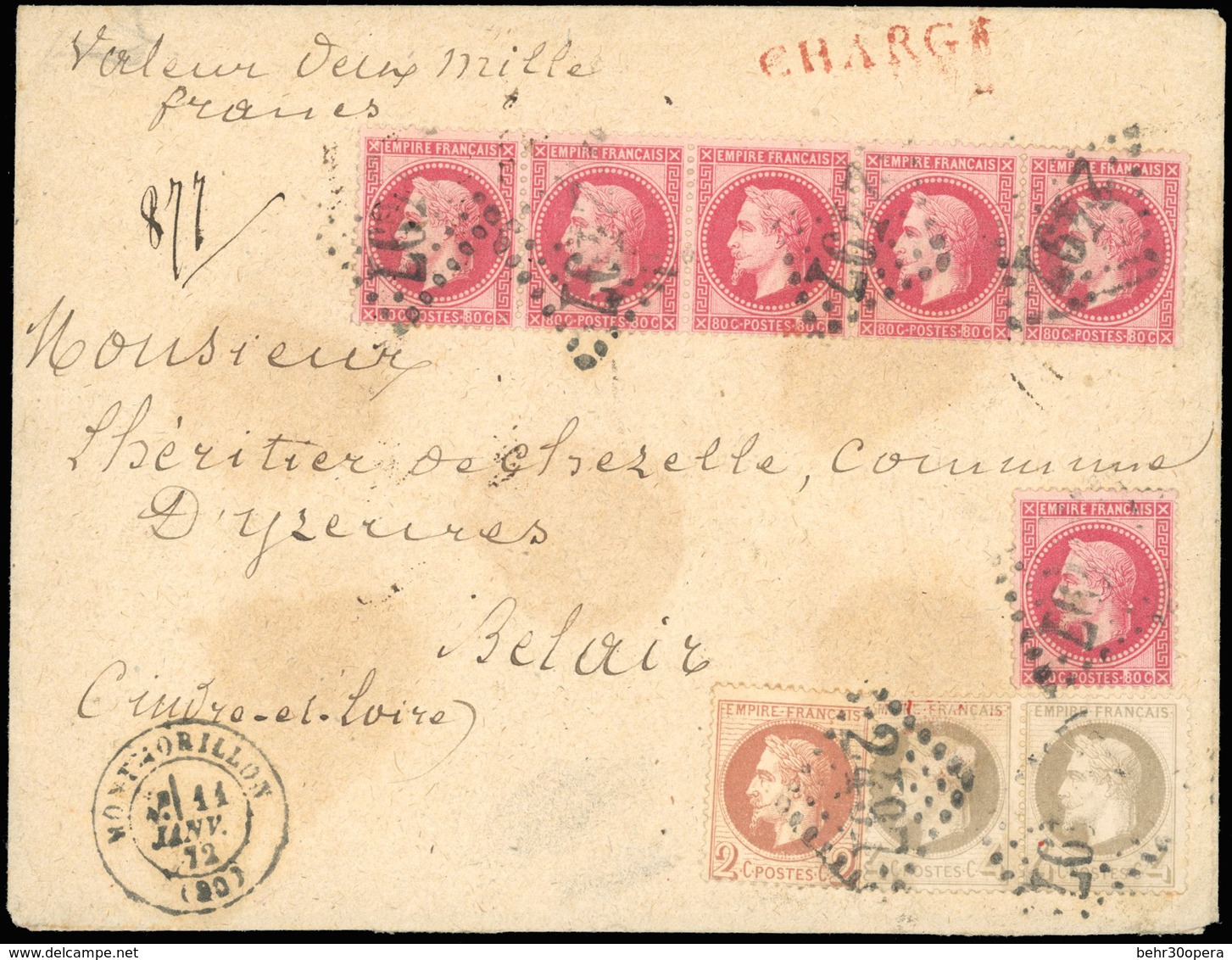 O + 27 X 2. 80c. Rose, Bande De 5 + Timbre Seul + 2c. Rouge-brun + Paire Du 4c. Gris, Obl. GC 2497 S/lettre Chargée Frap - 1863-1870 Napoléon III. Laure