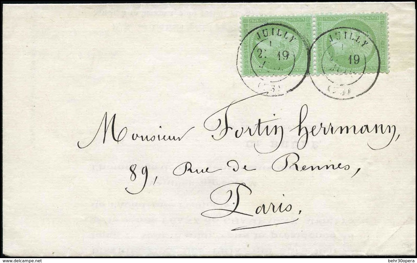 O 5c. Vert S/bleu. Paire Obl. CàD De JUILLY Du 19 Juillet 1872 S/imprimé Complet à Destination De PARIS. SUP. - 1863-1870 Napoléon III. Laure