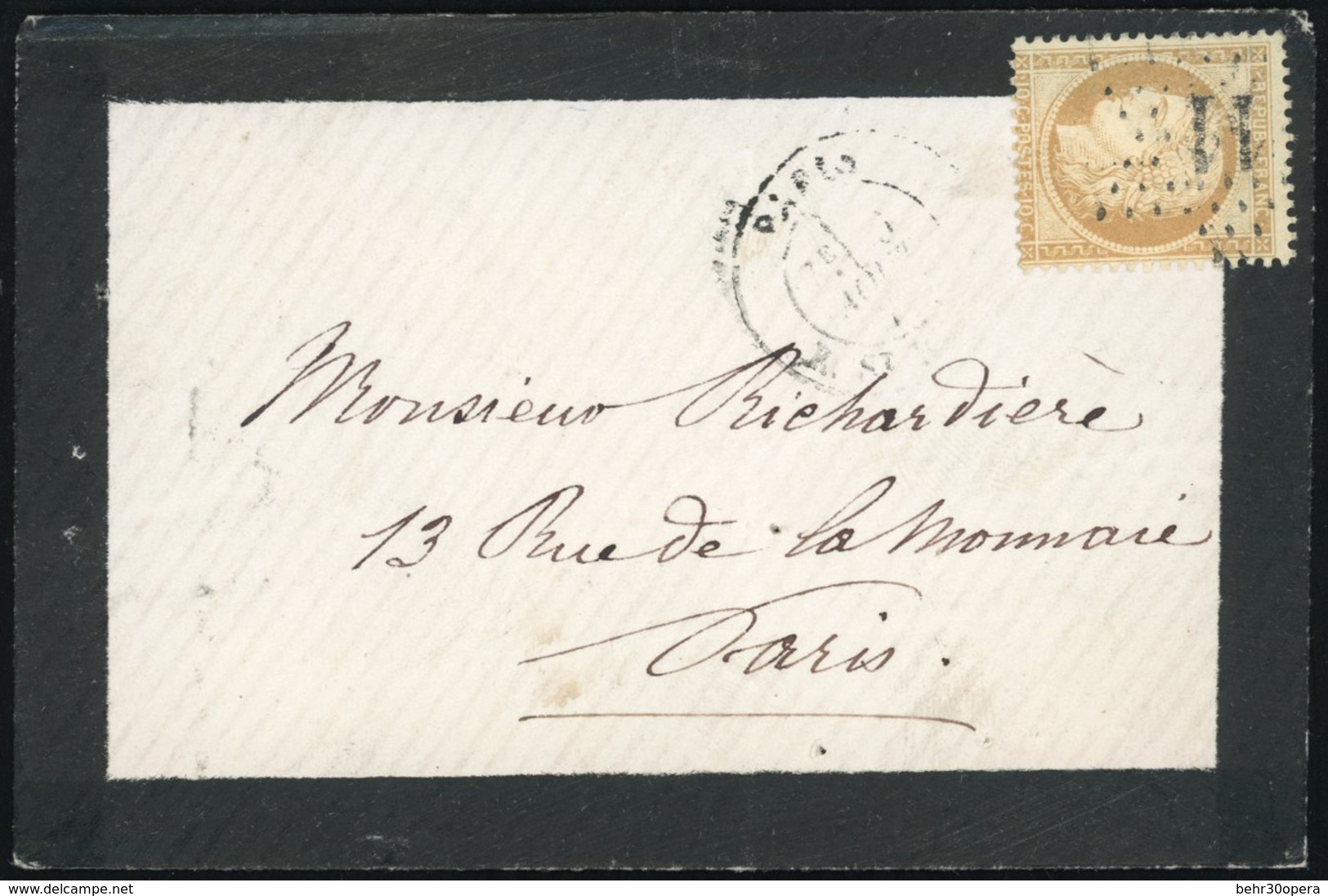O 10c. Bistre Obl. GC 11 S/lettre Locale Frappée Du CàD De PARIS. B. - 1870 Beleg Van Parijs