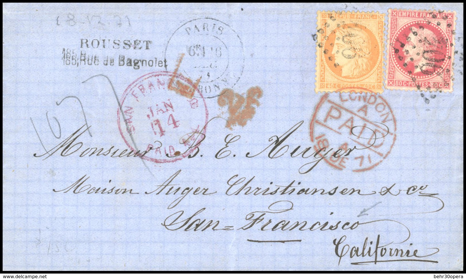 O 40c. Orange + 80c. Rose Obl. GC 904 S/lettre Frappée Du CàD De PARIS - CHARONNE Du 16 Décembre 1871 à Destination De S - 1870 Beleg Van Parijs