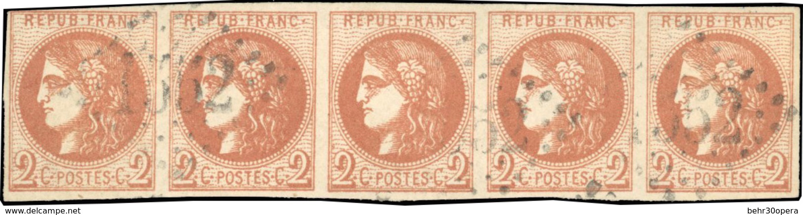 O 2c. Brun-rouge. Bande De 5. Obl. GC. Marge Courte En Haut Mais Filet Non Touché. B. - 1870 Ausgabe Bordeaux