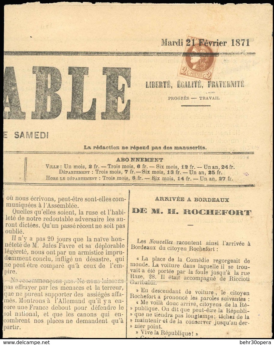 O 2c. Chocolat. Nuance Très Foncée. Report 2 Obl. Typographique, S/journal LE CONTRIBUABLE Du 21 Février 1871. Très Beau - 1870 Ausgabe Bordeaux