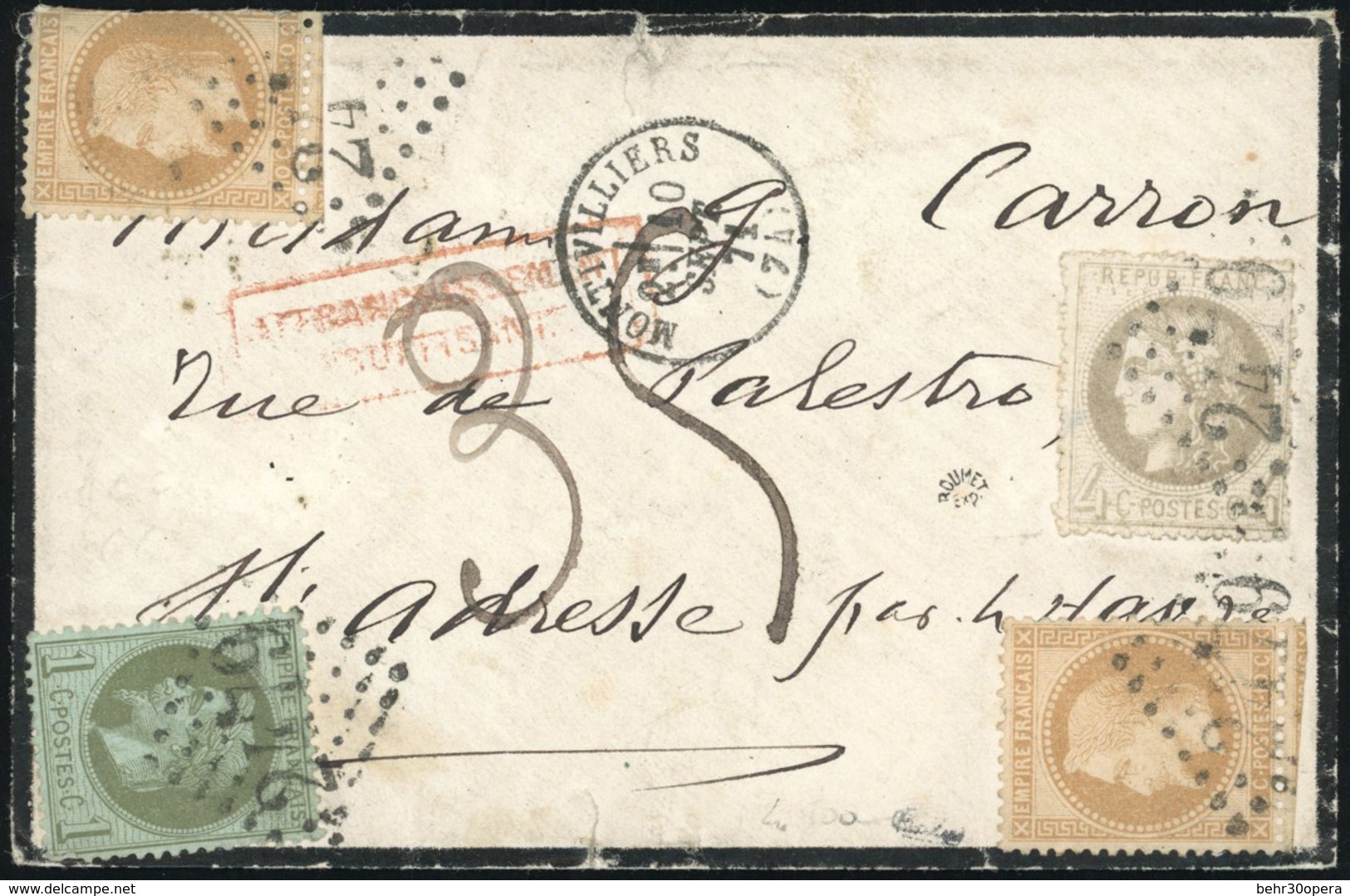 O + 28B. 4c. Gris Report II Perçé En Ligne + 10c. Bistre X 2 + 1c. Bronze Obl. GC 2479 S/lettre Frappée Du CàD De MONTIV - 1870 Ausgabe Bordeaux