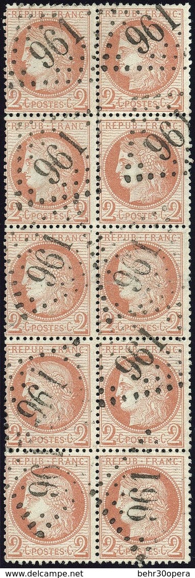O 2c. Brun Rouge, Bloc De 10 Vertical. Obl. GC 961. Très Beau, Pièce Référencée Dans Le Catalogue Yvert Et Tellier Spéci - 1871-1875 Cérès