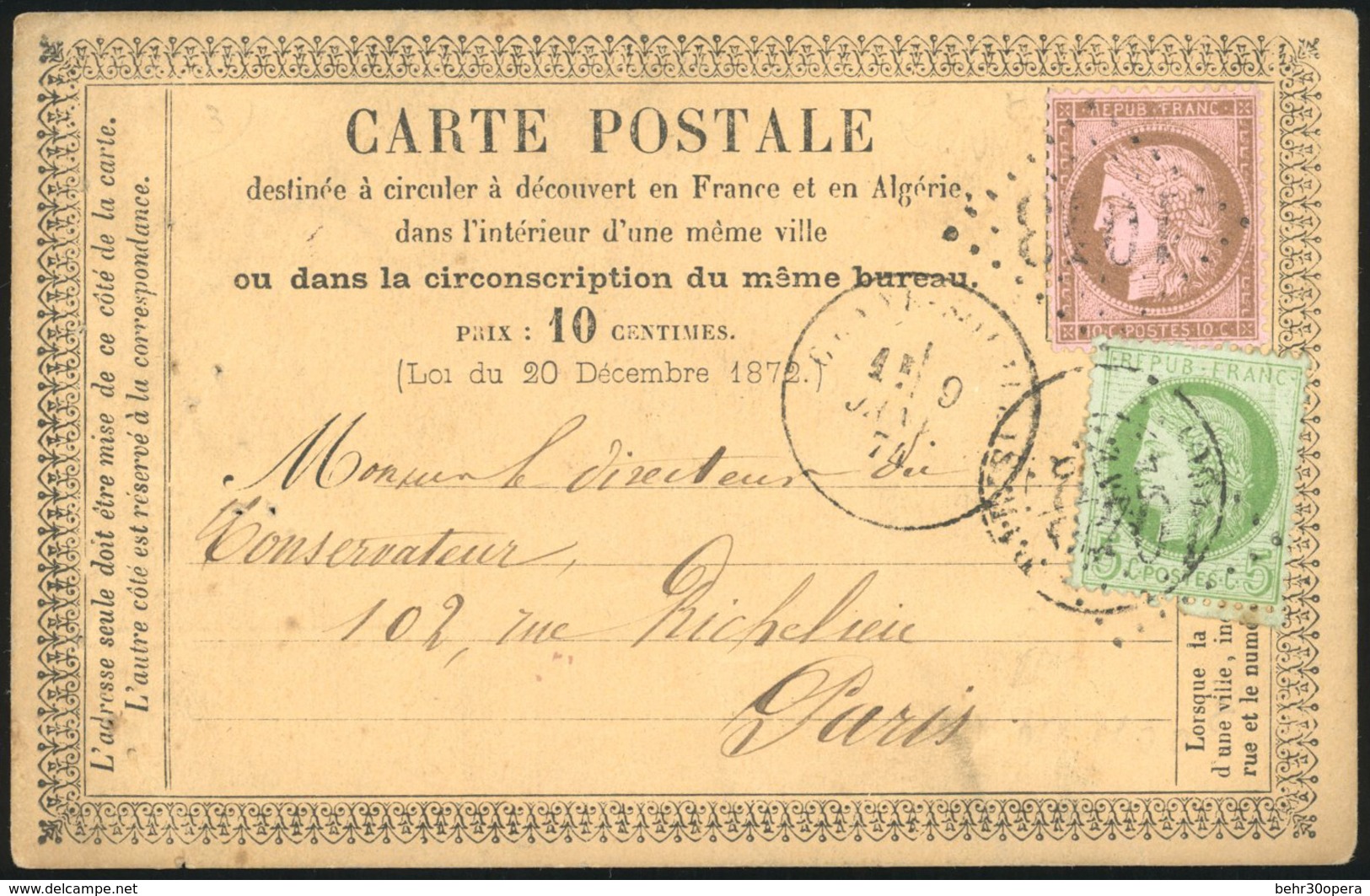 O 5c. Vert-jaune S/azuré + 10c. Brun S/rose (entaille CA) Obl. GC S/carte Postale Frappée Du CàD Du 9 Janvier 1874 à Des - 1871-1875 Cérès